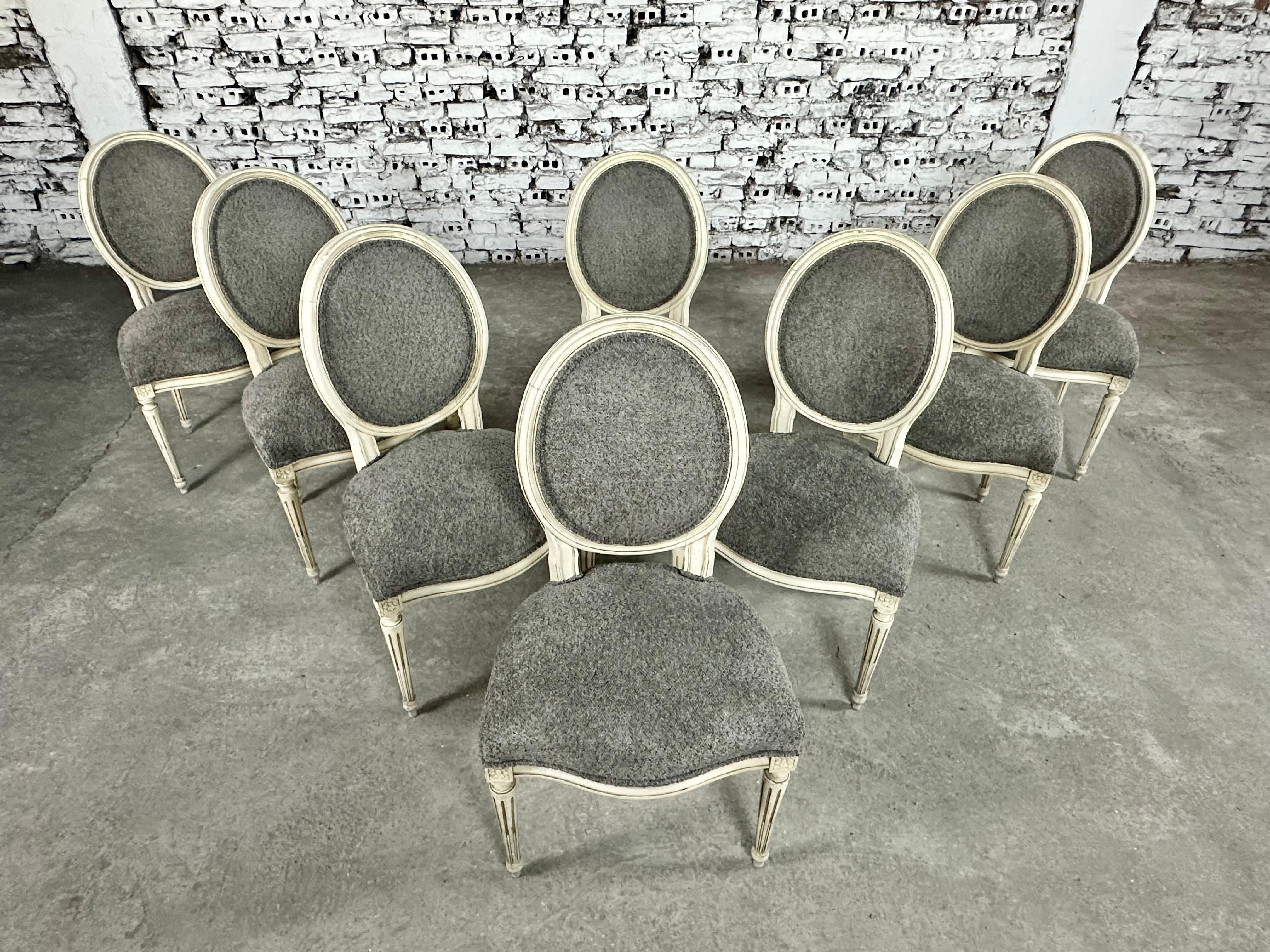 French Louis XVI Style Medallion Back Reupholstered Dining Chairs - Set  For Sale 1