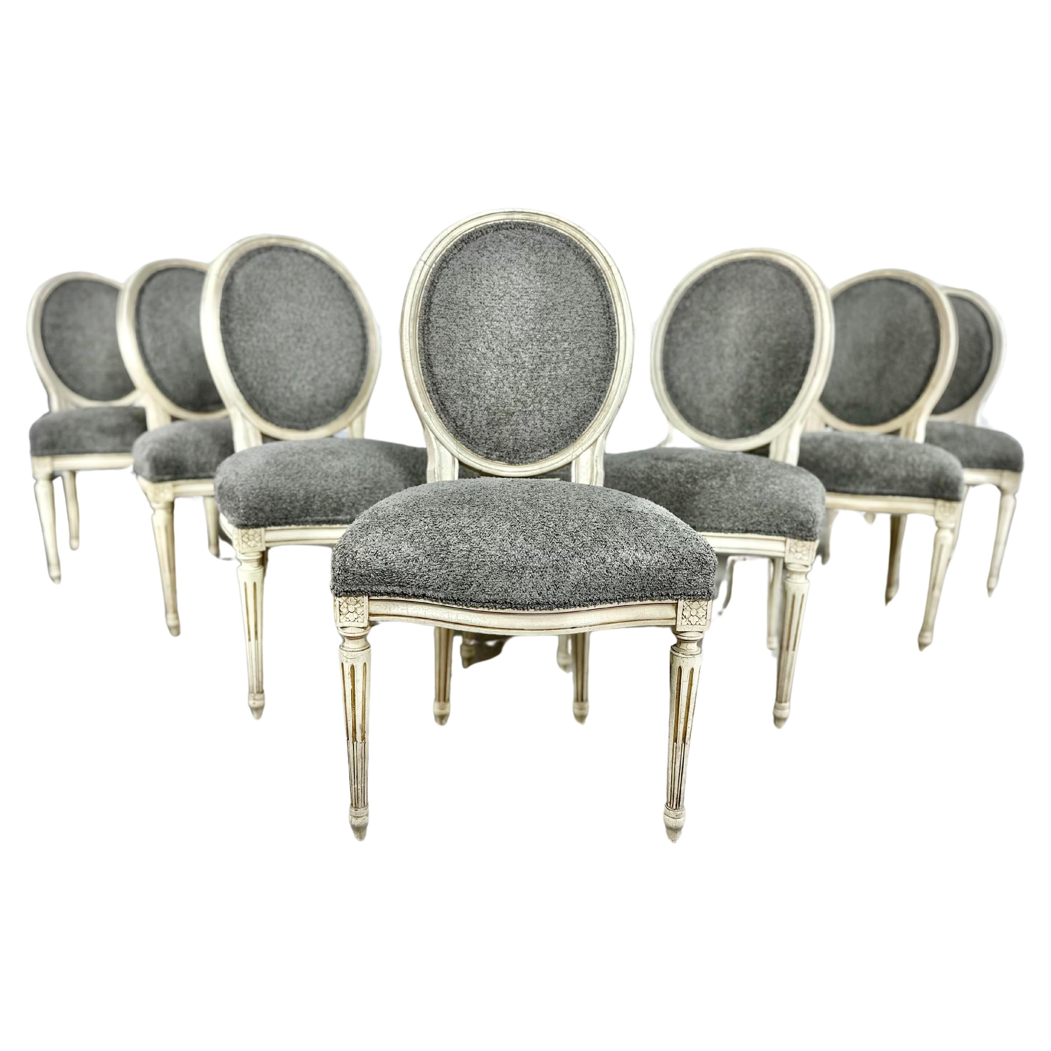 French Louis XVI Style Medallion Back Reupholstered Dining Chairs - Set  For Sale