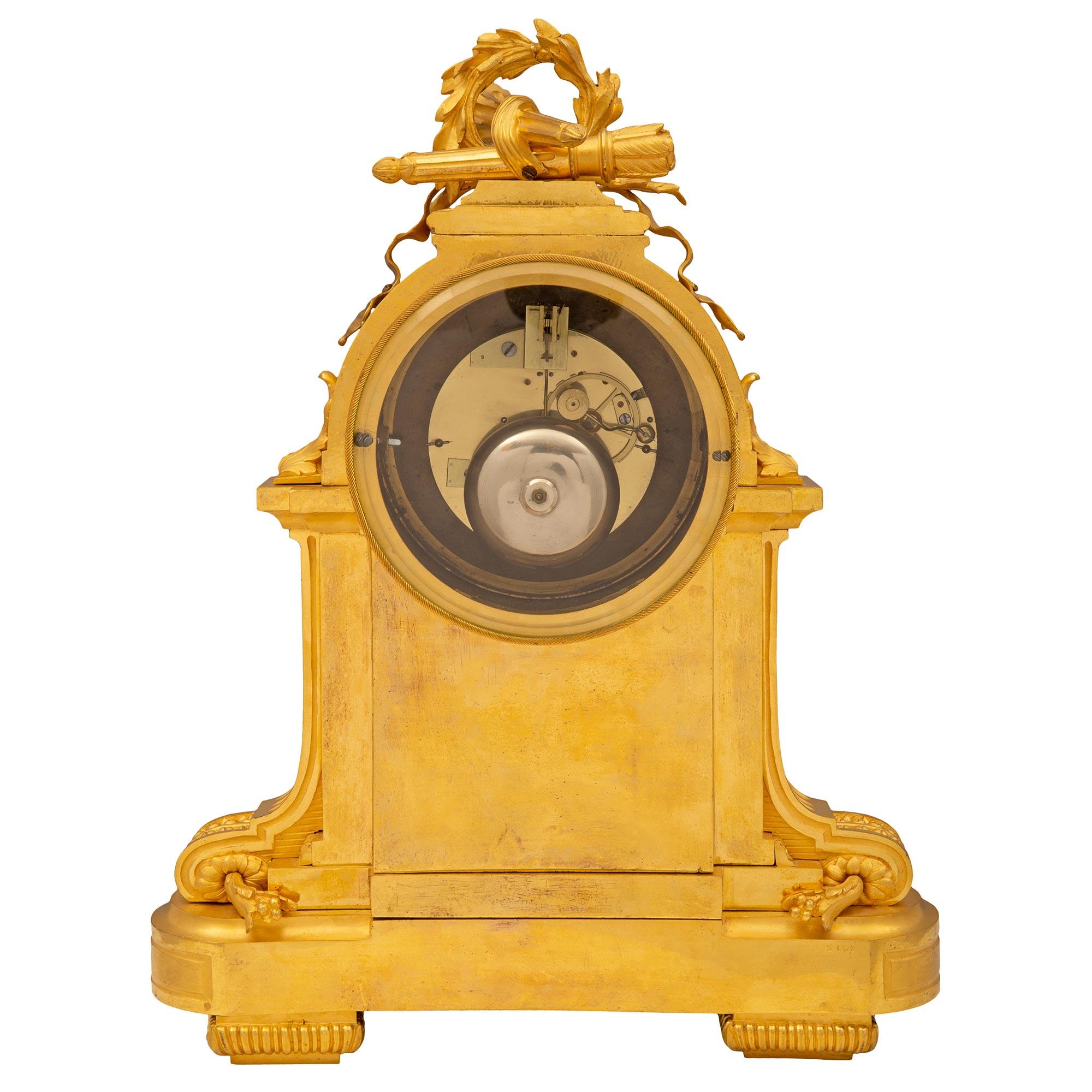 French Louis XVI Style Mid-19th Century Ormolu Marble Clock, Signed Frères In Good Condition For Sale In West Palm Beach, FL