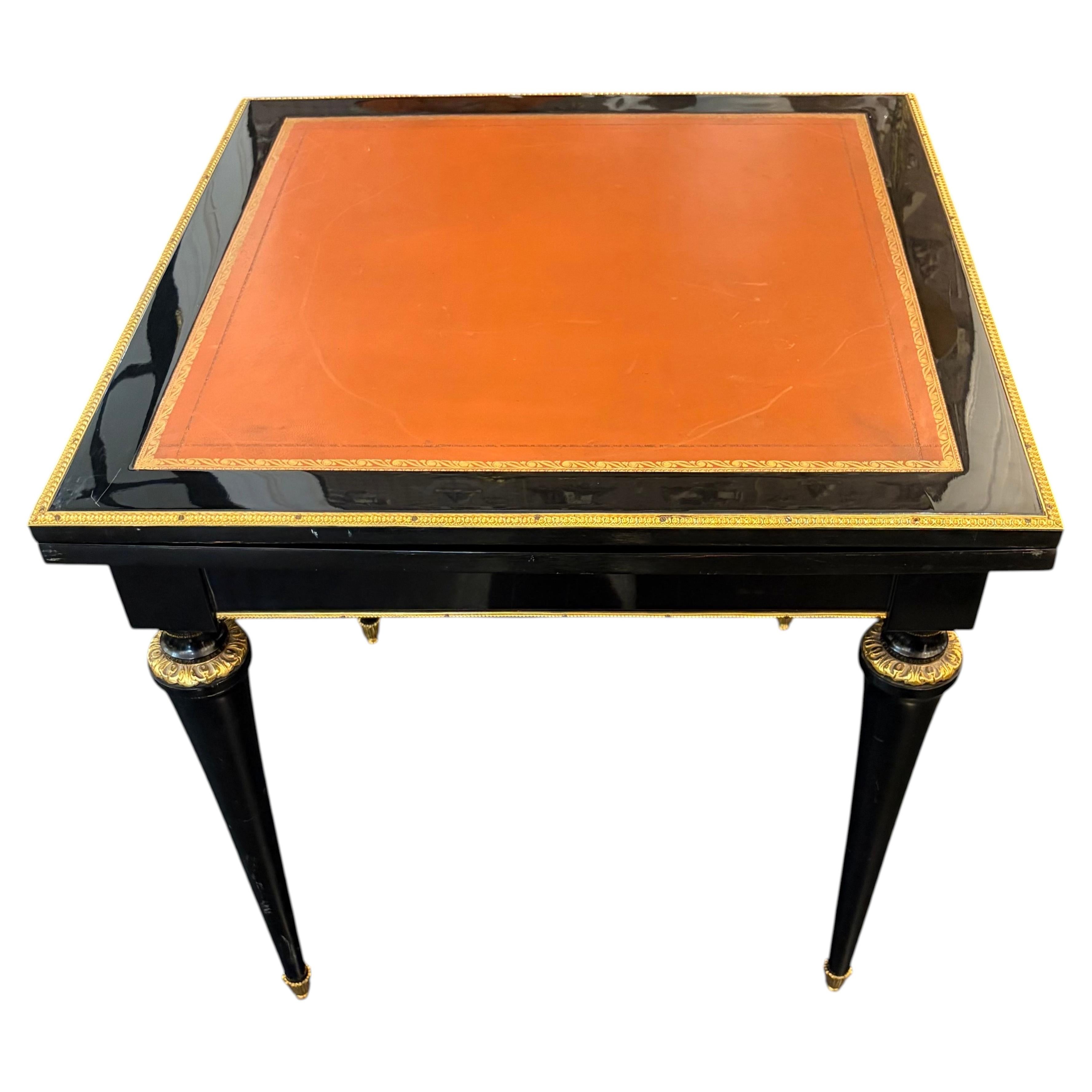 French Louis XVI Style Mid-Century Lacquered Game Table with Leather Top For Sale