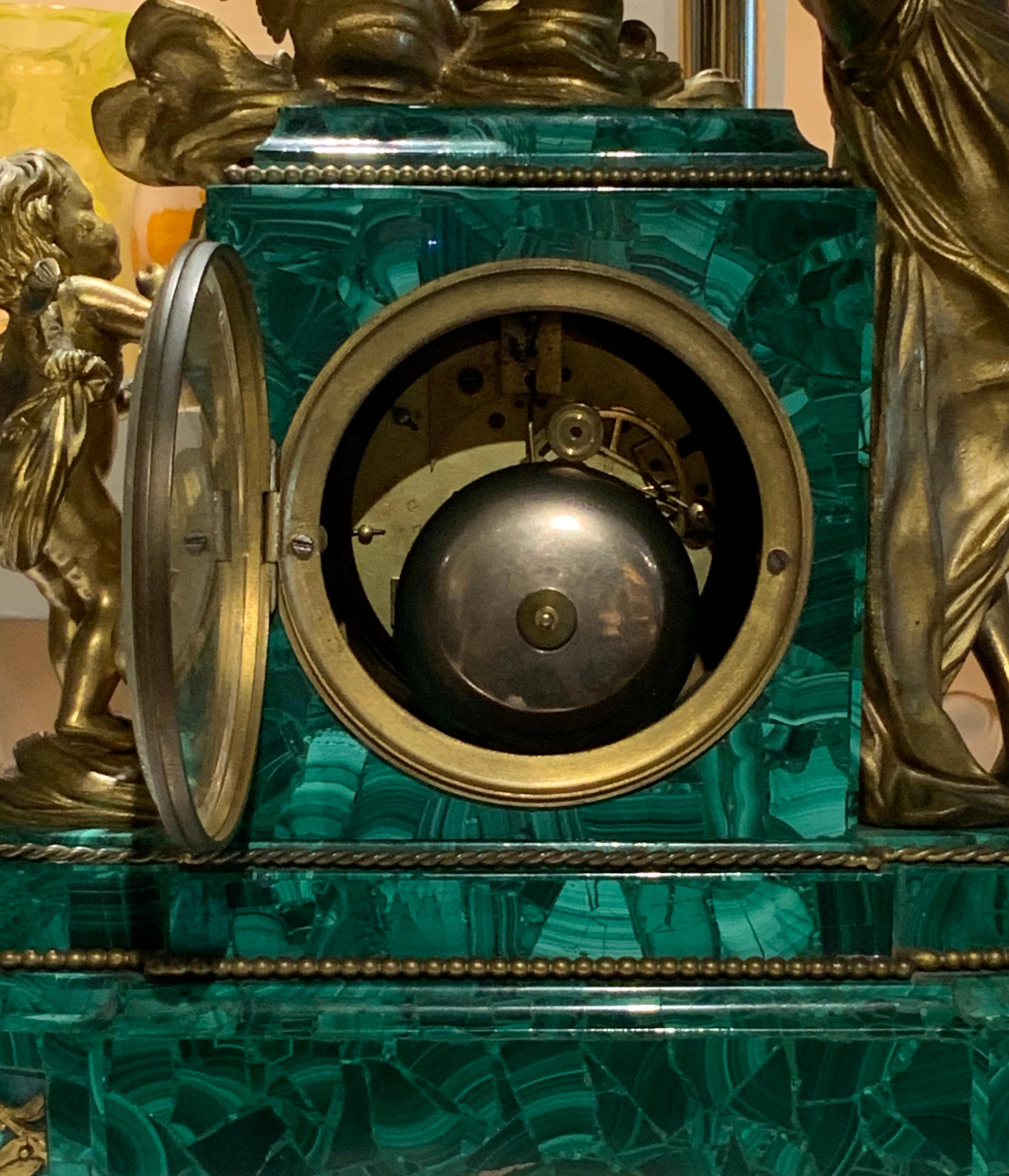 French Louis XVI Style Napoleon III Bronze Mounted Malachite Mantel Clock For Sale 5