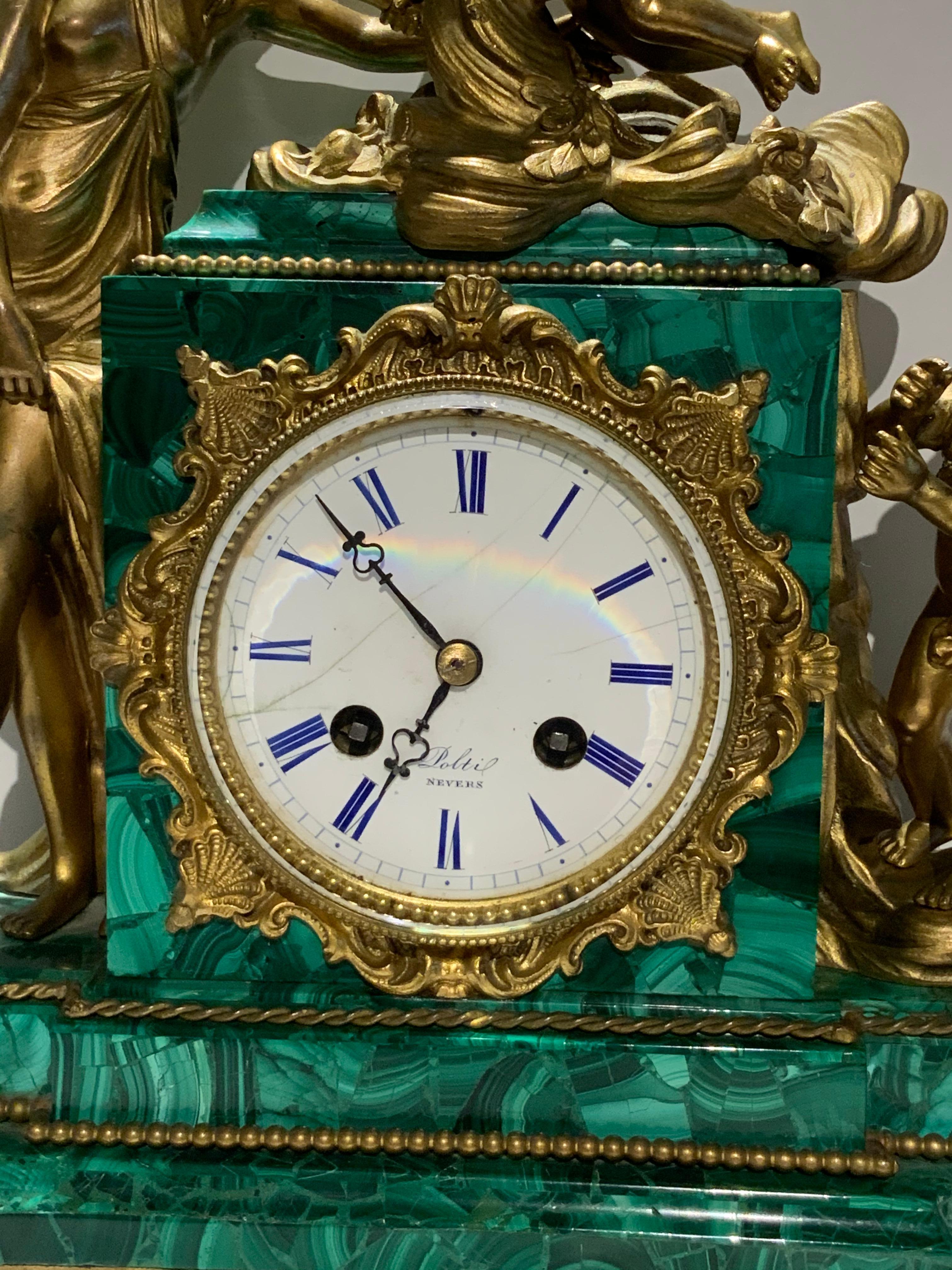 Beaded French Louis XVI Style Napoleon III Bronze Mounted Malachite Mantel Clock For Sale