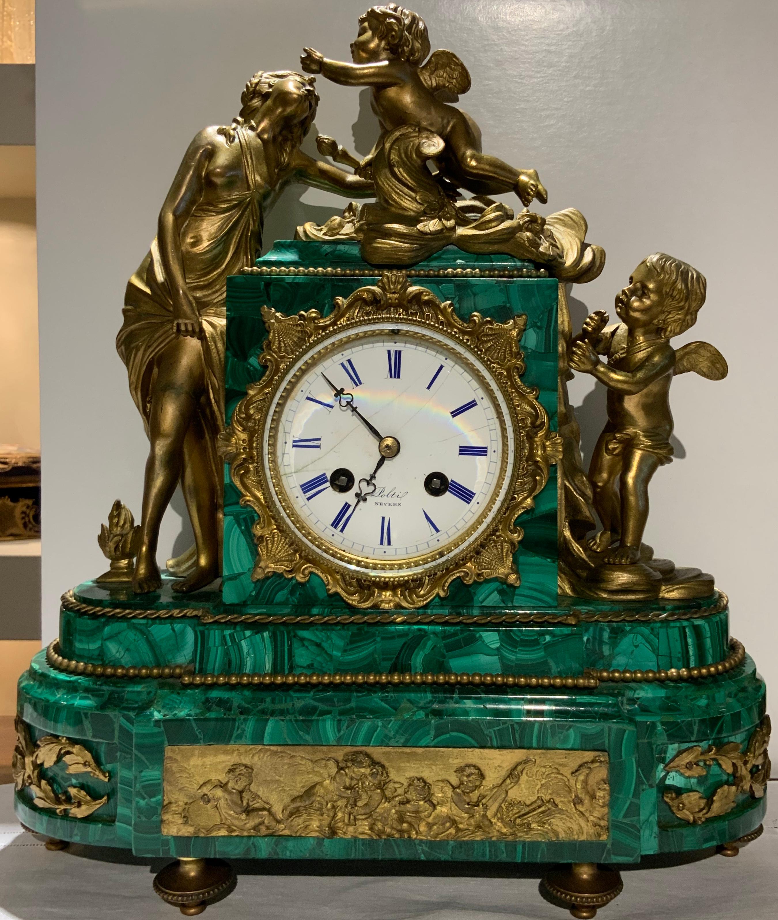 French Louis XVI Style Napoleon III Bronze Mounted Malachite Mantel Clock In Good Condition For Sale In Guaynabo, PR