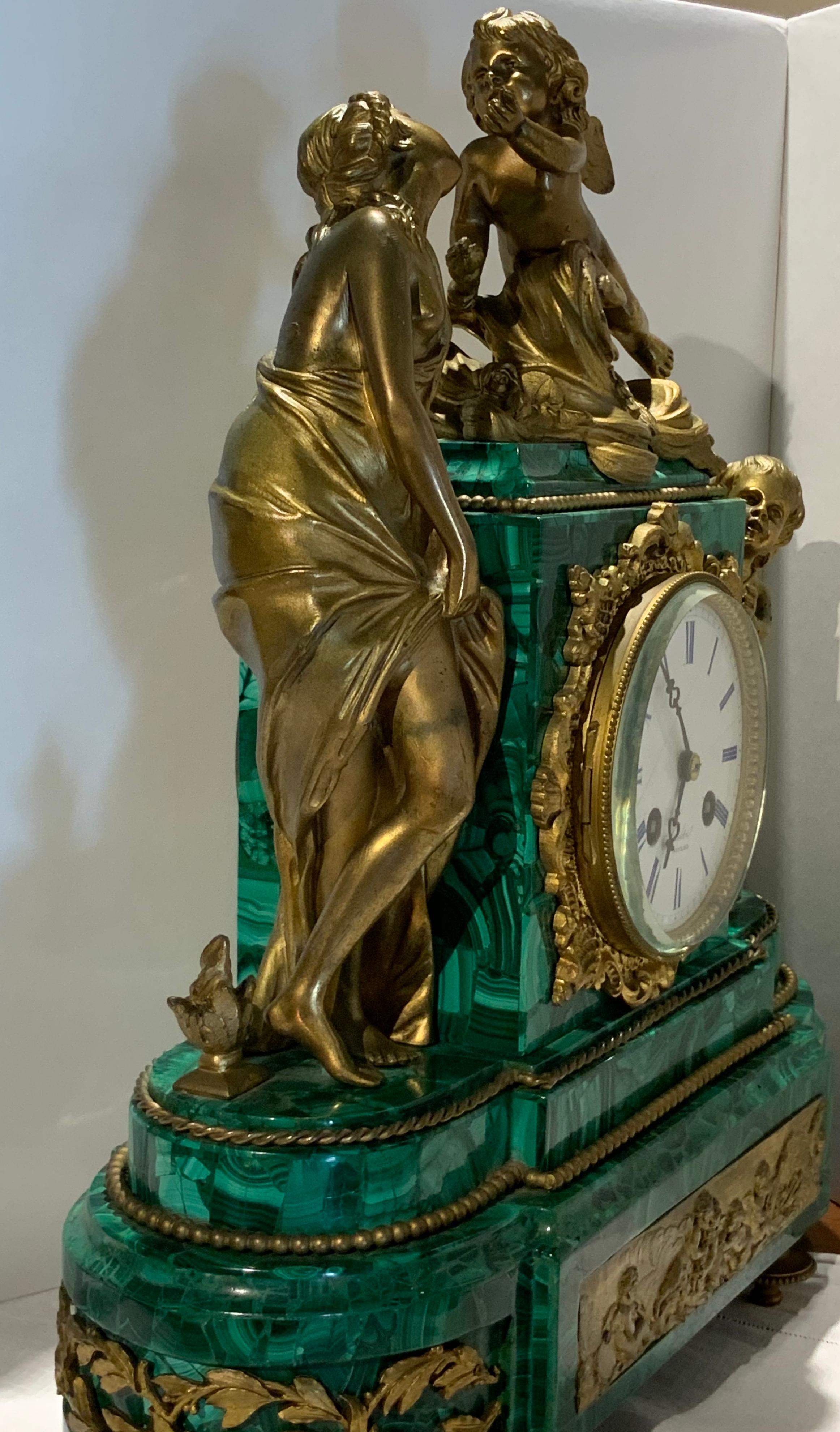 French Louis XVI Style Napoleon III Bronze Mounted Malachite Mantel Clock For Sale 3