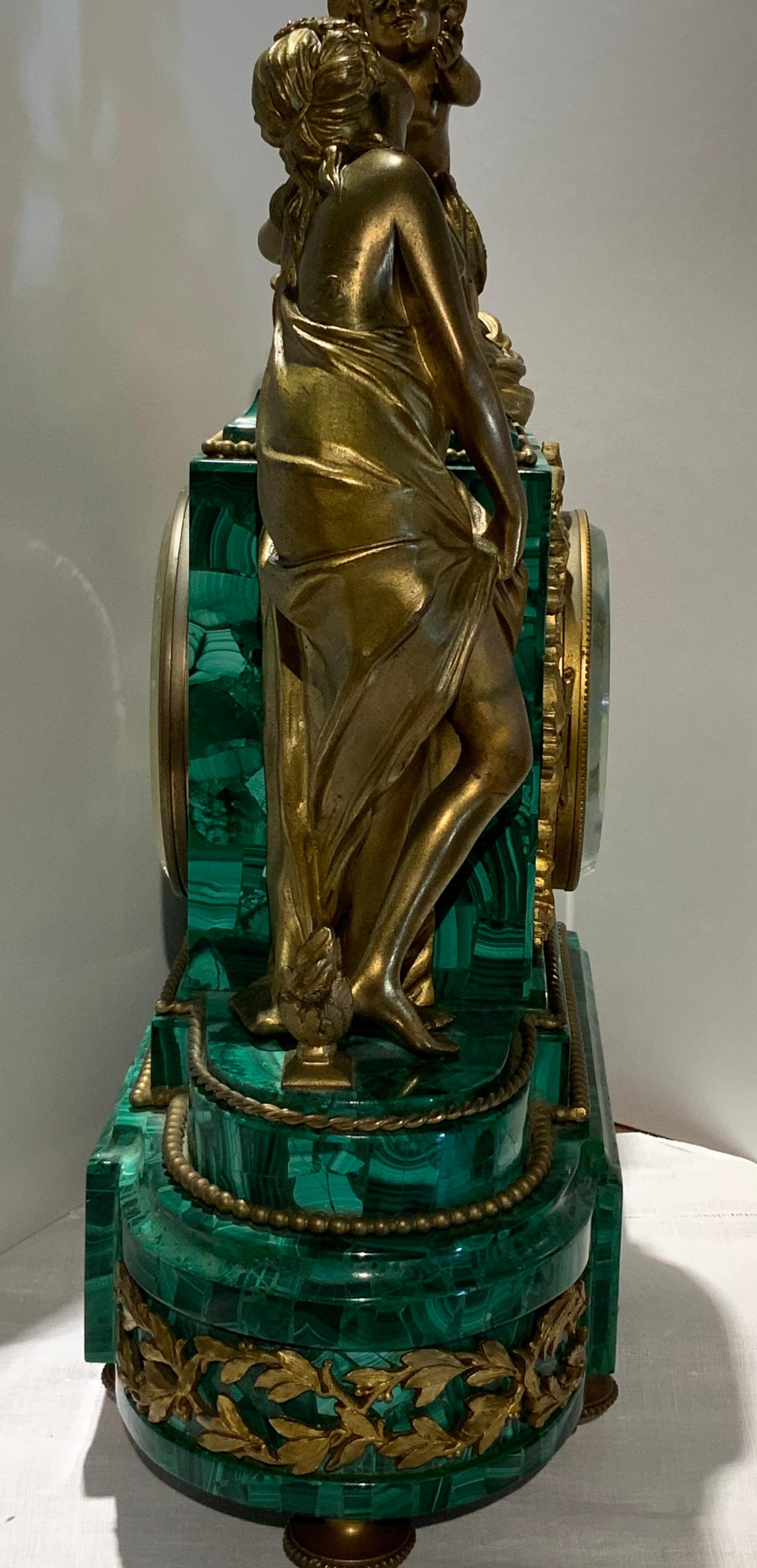 French Louis XVI Style Napoleon III Bronze Mounted Malachite Mantel Clock For Sale 4