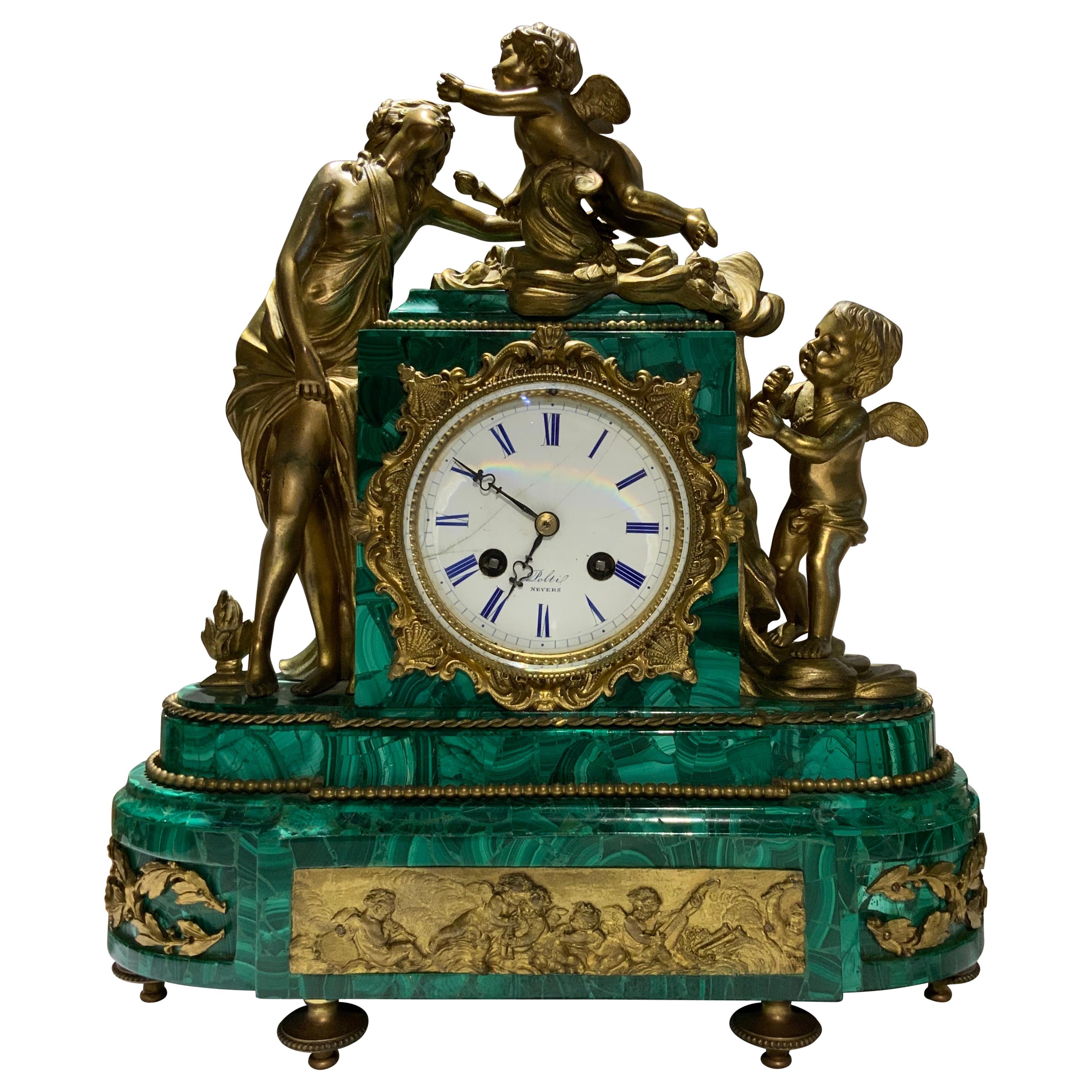 French Louis XVI Style Napoleon III Bronze Mounted Malachite Mantel Clock