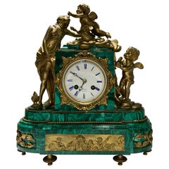 Antique French Louis XVI Style Napoleon III Bronze Mounted Malachite Mantel Clock