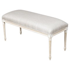 French Louis XVI Style Natural Wood Bench with White Painted Accents, circa 1900