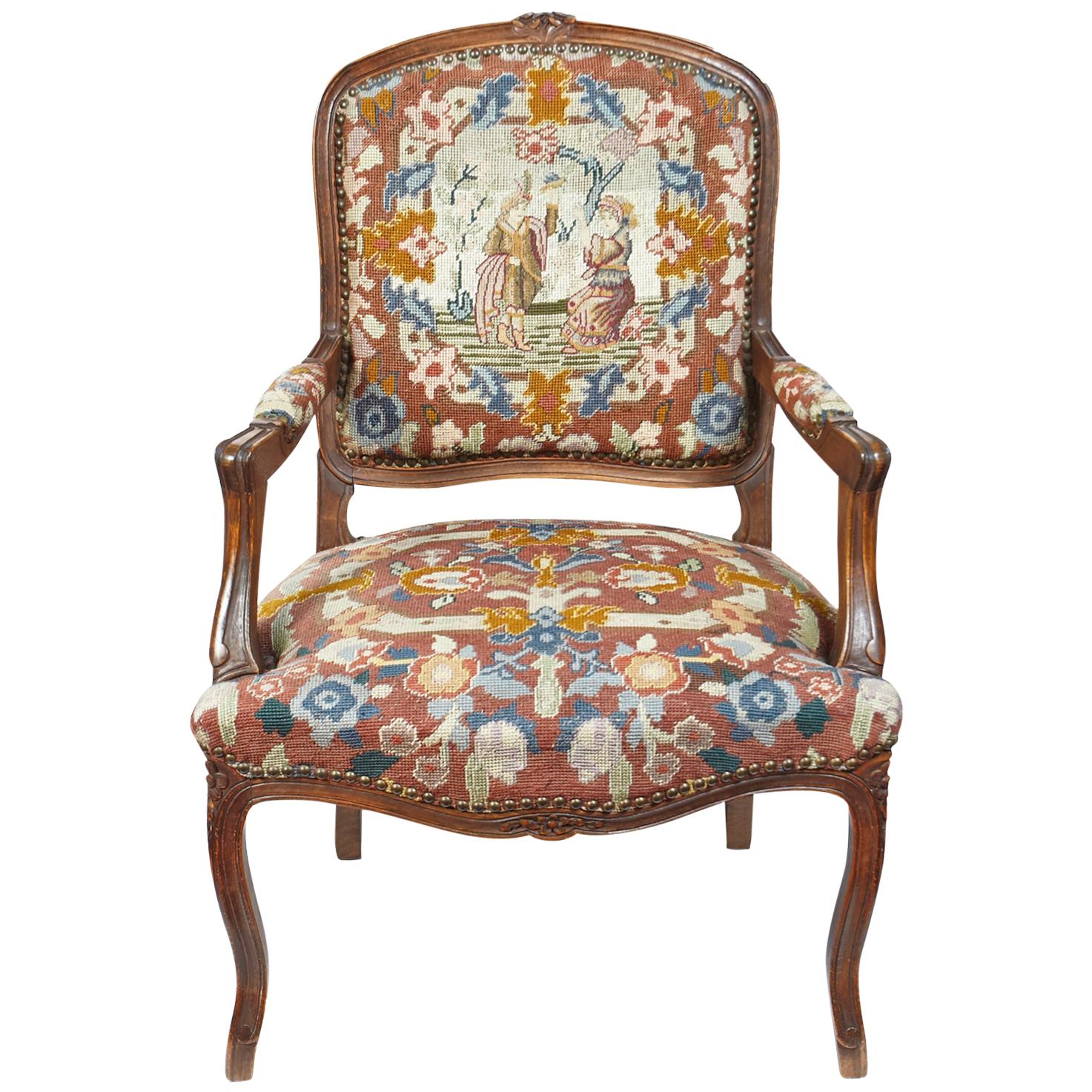 French Louis XVI Style Needle Point Fauteuil For Sale