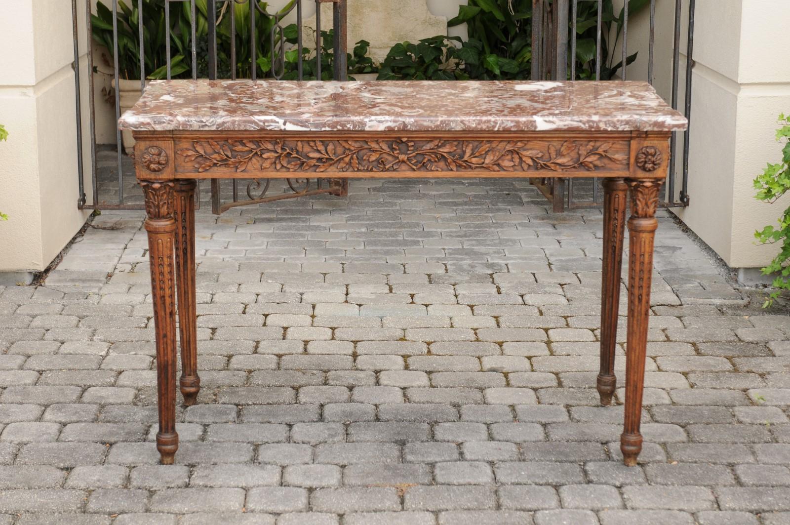 French Louis XVI Style Oak Console Table with Red Marble Top and Carved Foliage 6