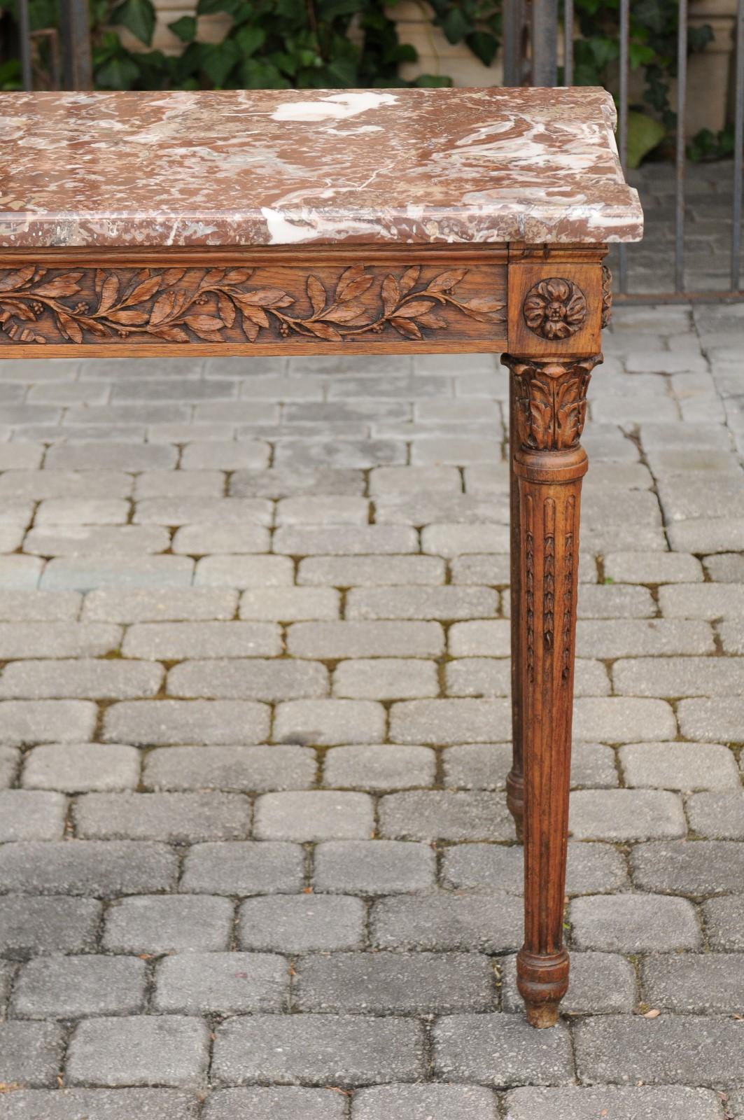 French Louis XVI Style Oak Console Table with Red Marble Top and Carved Foliage 7