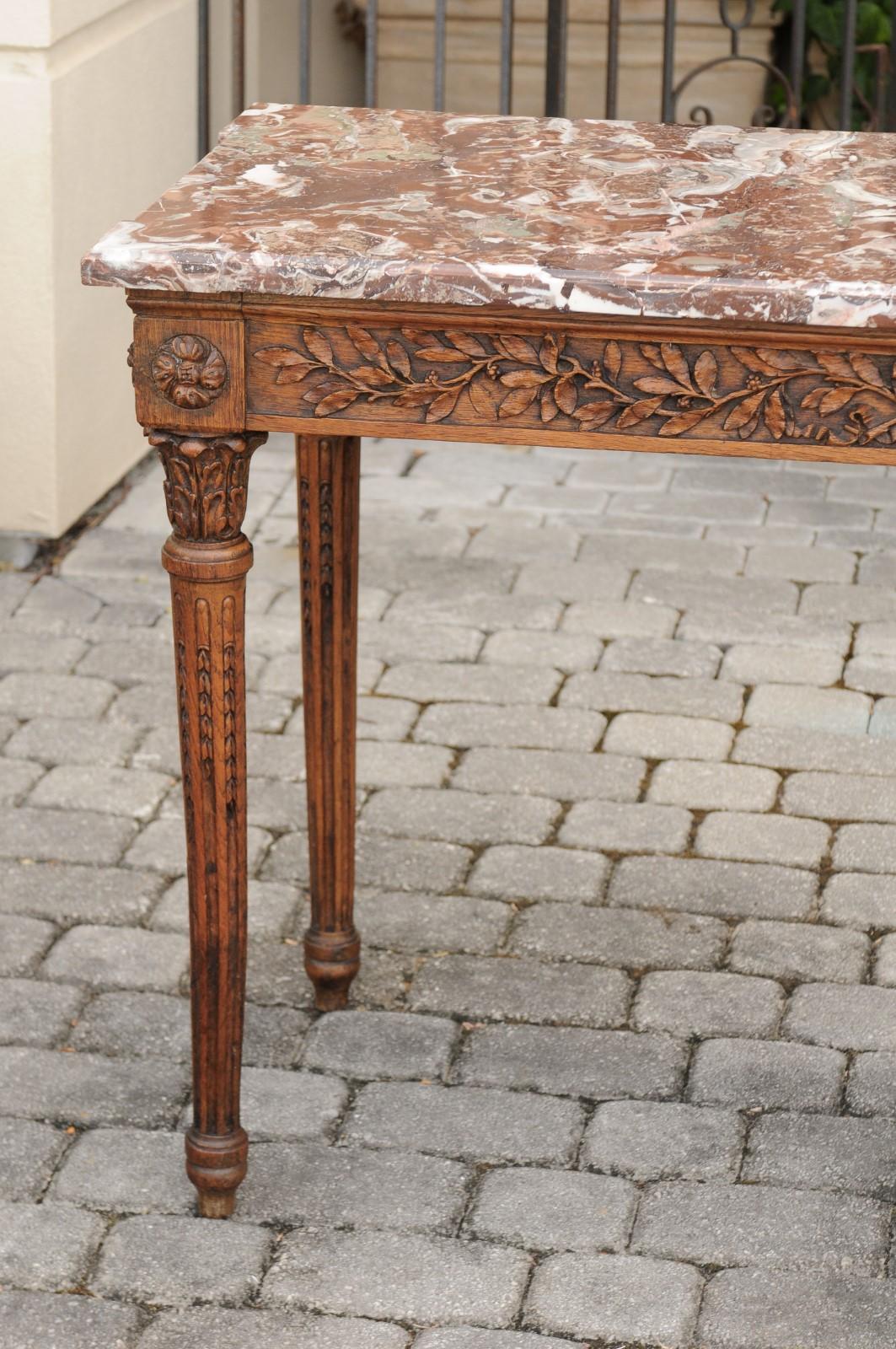 French Louis XVI Style Oak Console Table with Red Marble Top and Carved Foliage 8
