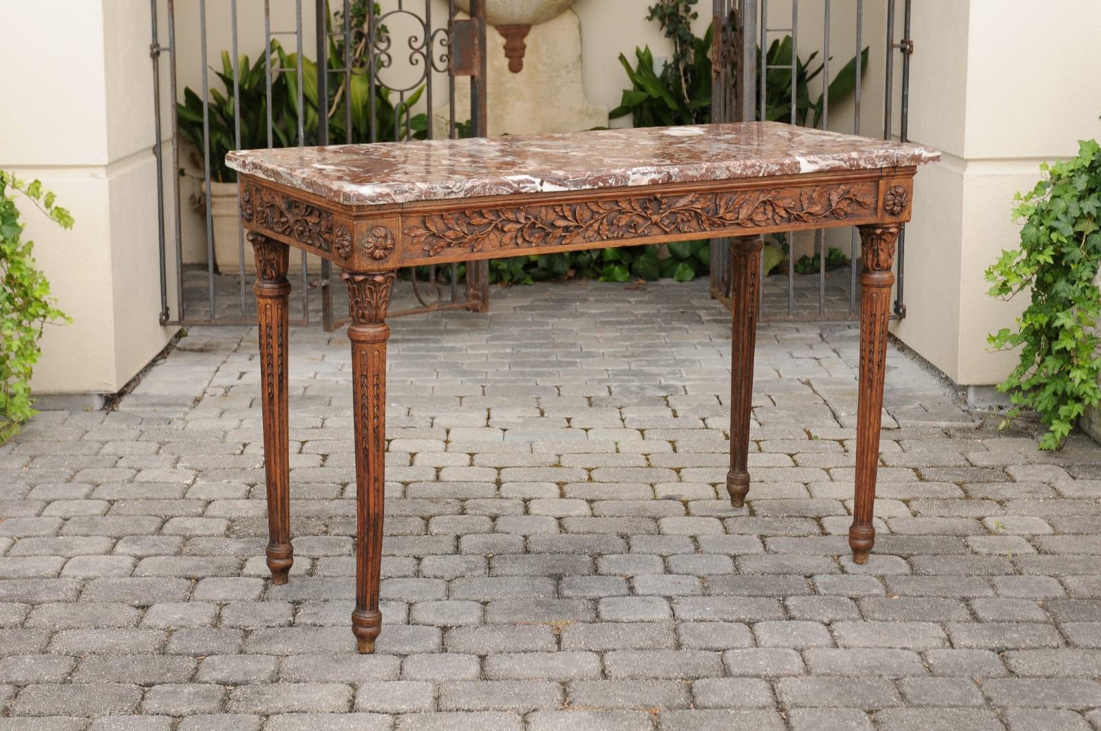 French Louis XVI Style Oak Console Table with Red Marble Top and Carved Foliage 9