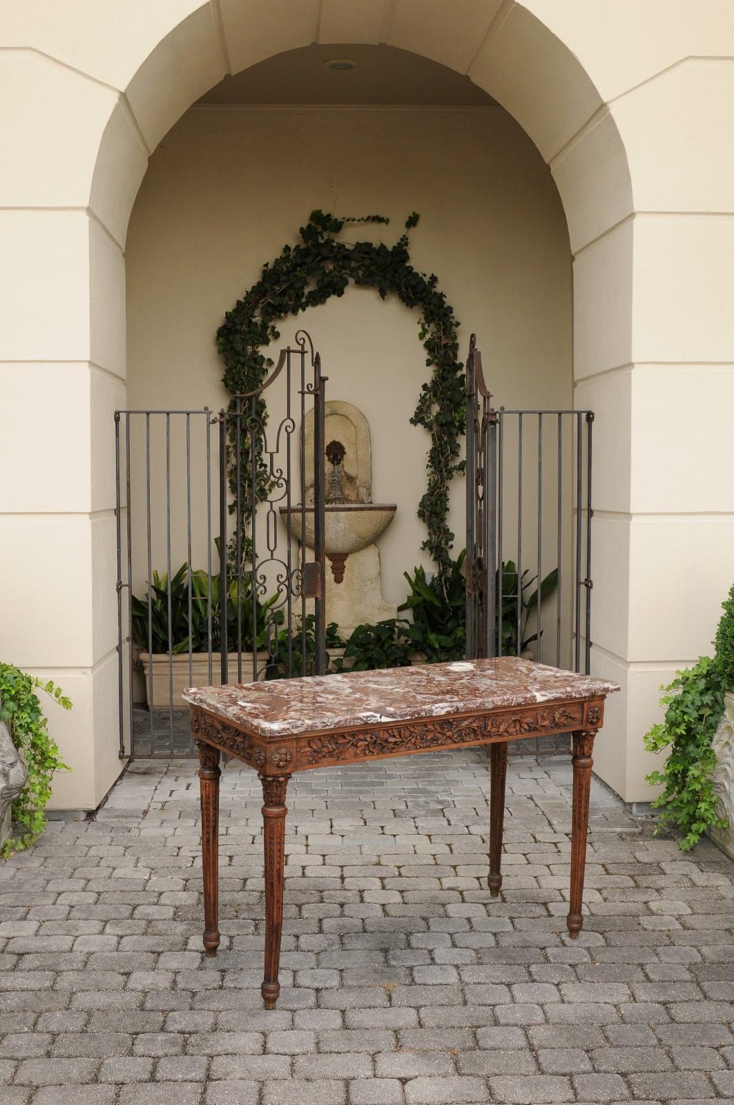 French Louis XVI Style Oak Console Table with Red Marble Top and Carved Foliage 10