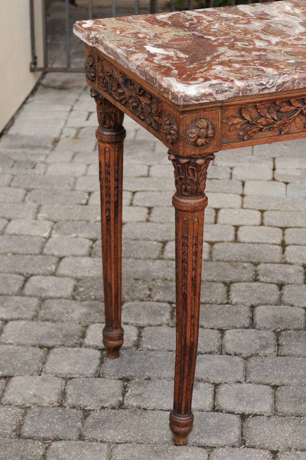 French Louis XVI Style Oak Console Table with Red Marble Top and Carved Foliage 11