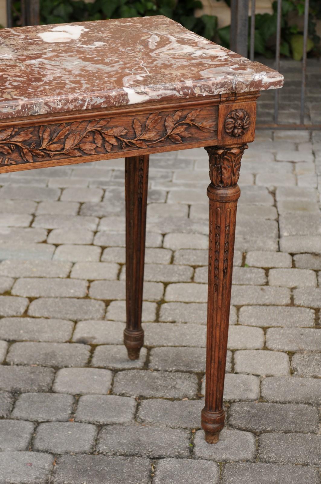 French Louis XVI Style Oak Console Table with Red Marble Top and Carved Foliage 12