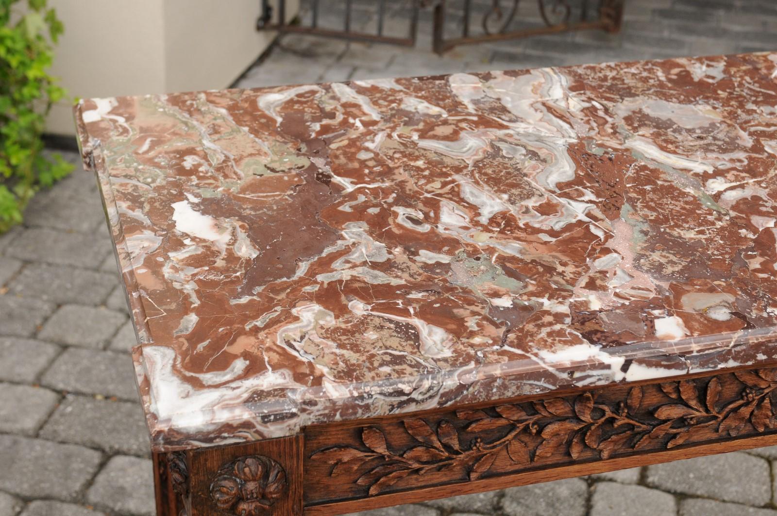 French Louis XVI Style Oak Console Table with Red Marble Top and Carved Foliage 13