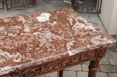 French Louis XVI Style Oak Console Table with Red Marble Top and Carved Foliage