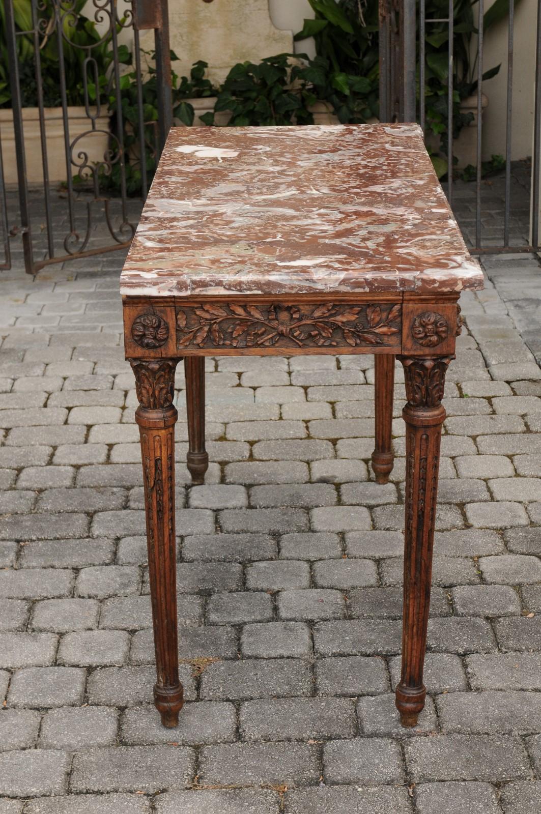 French Louis XVI Style Oak Console Table with Red Marble Top and Carved Foliage In Good Condition In Atlanta, GA