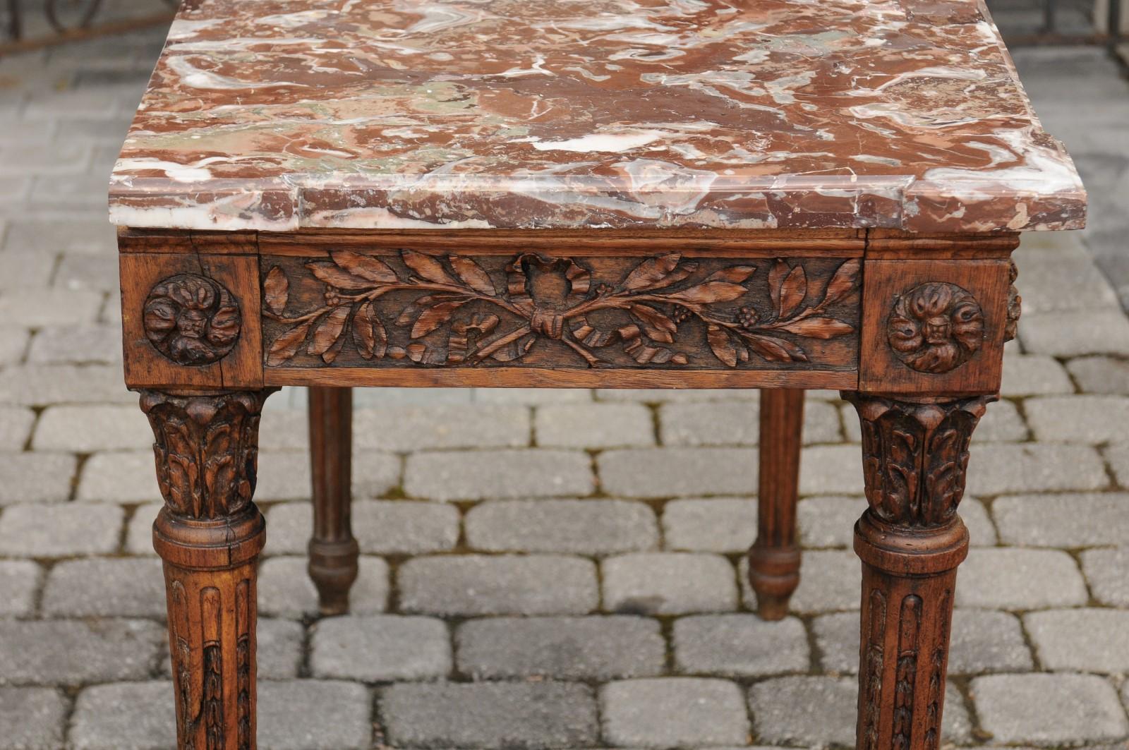 19th Century French Louis XVI Style Oak Console Table with Red Marble Top and Carved Foliage