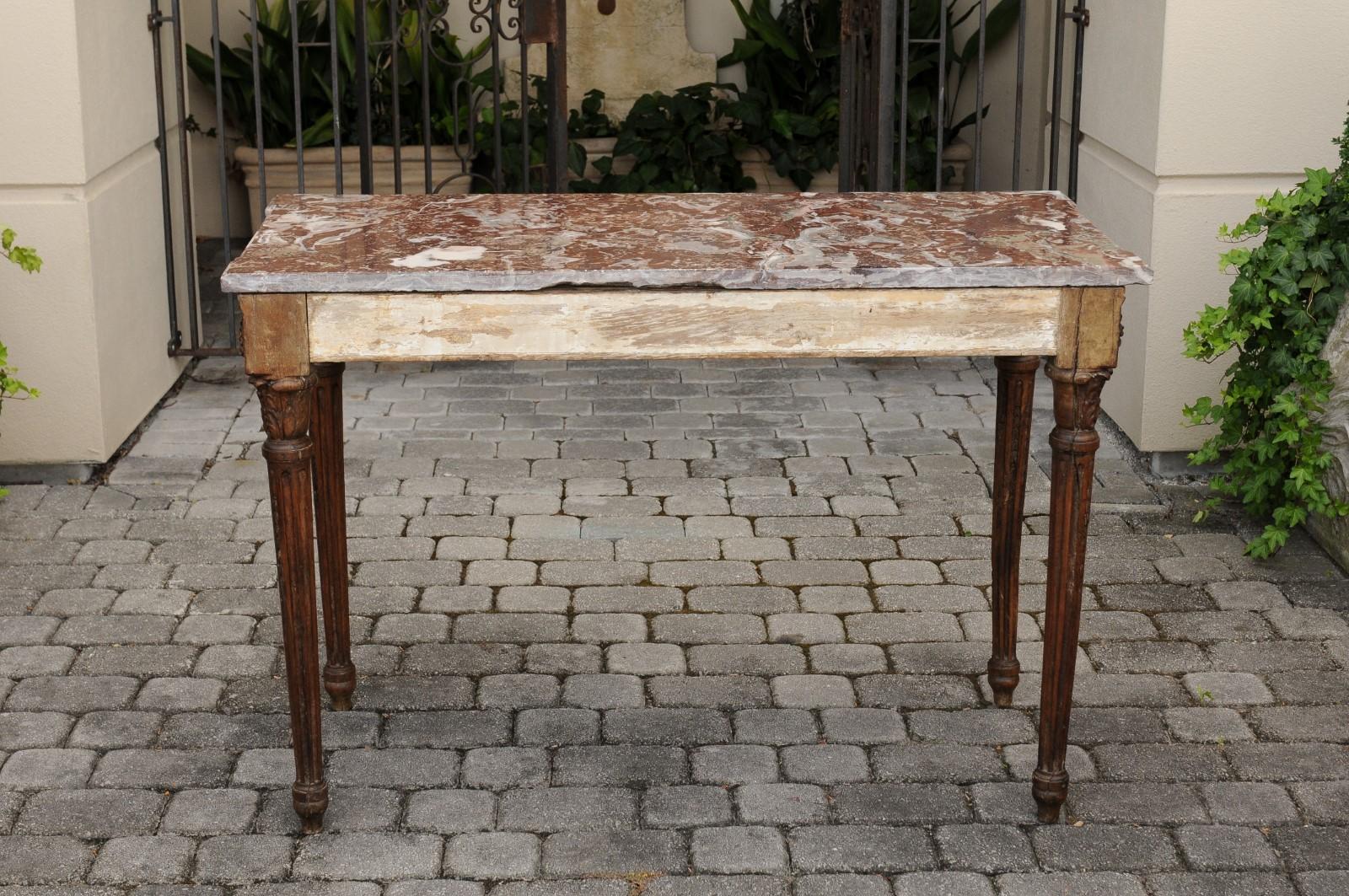 French Louis XVI Style Oak Console Table with Red Marble Top and Carved Foliage 1