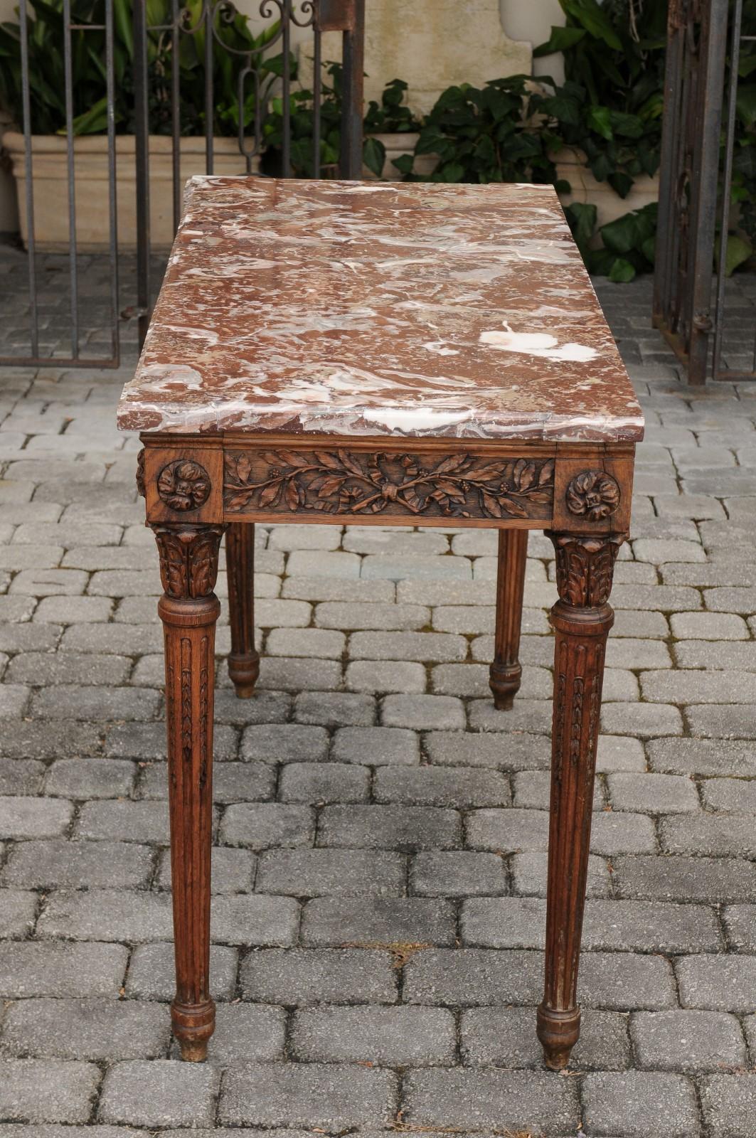 French Louis XVI Style Oak Console Table with Red Marble Top and Carved Foliage 2