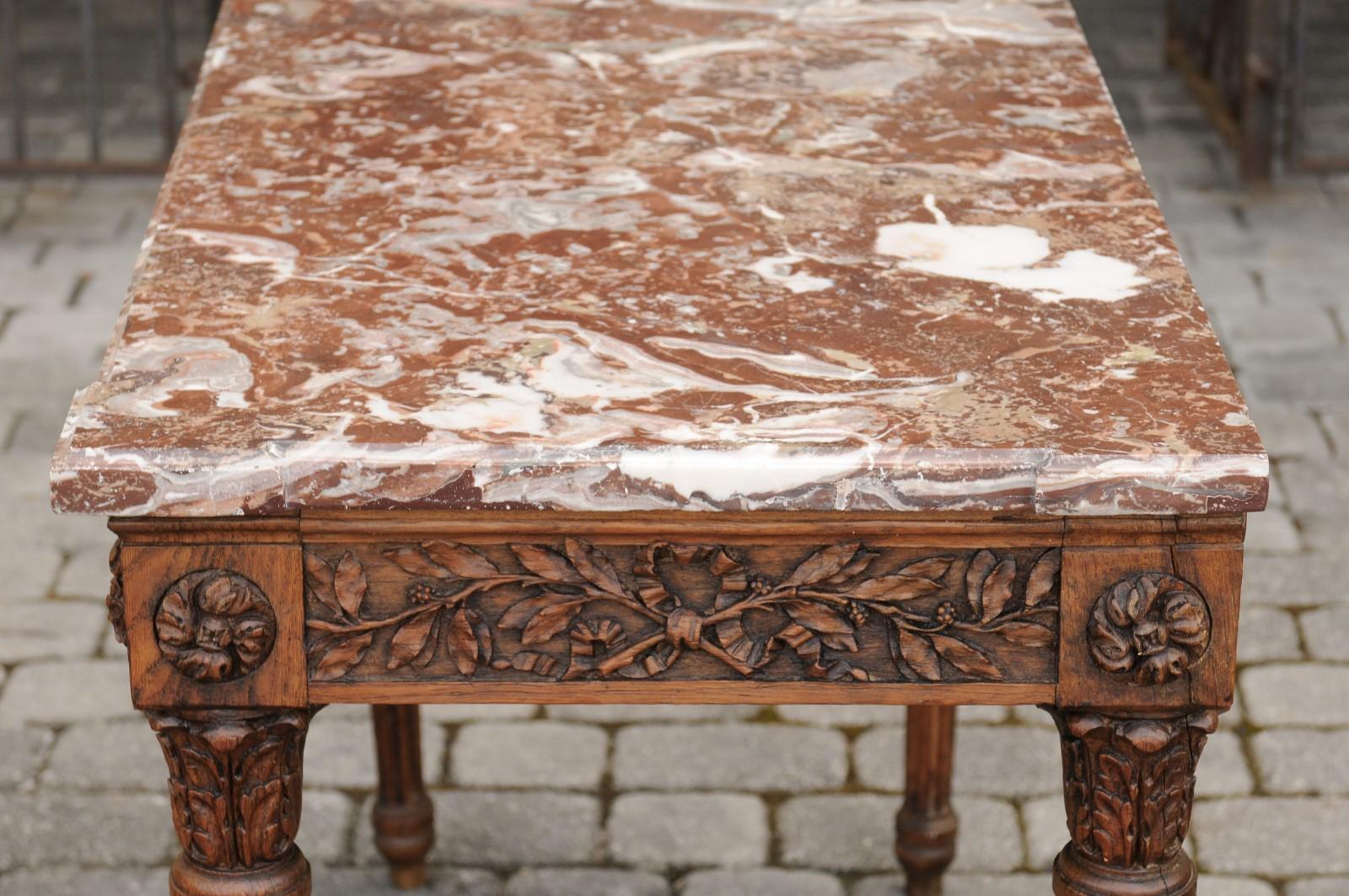 French Louis XVI Style Oak Console Table with Red Marble Top and Carved Foliage 3