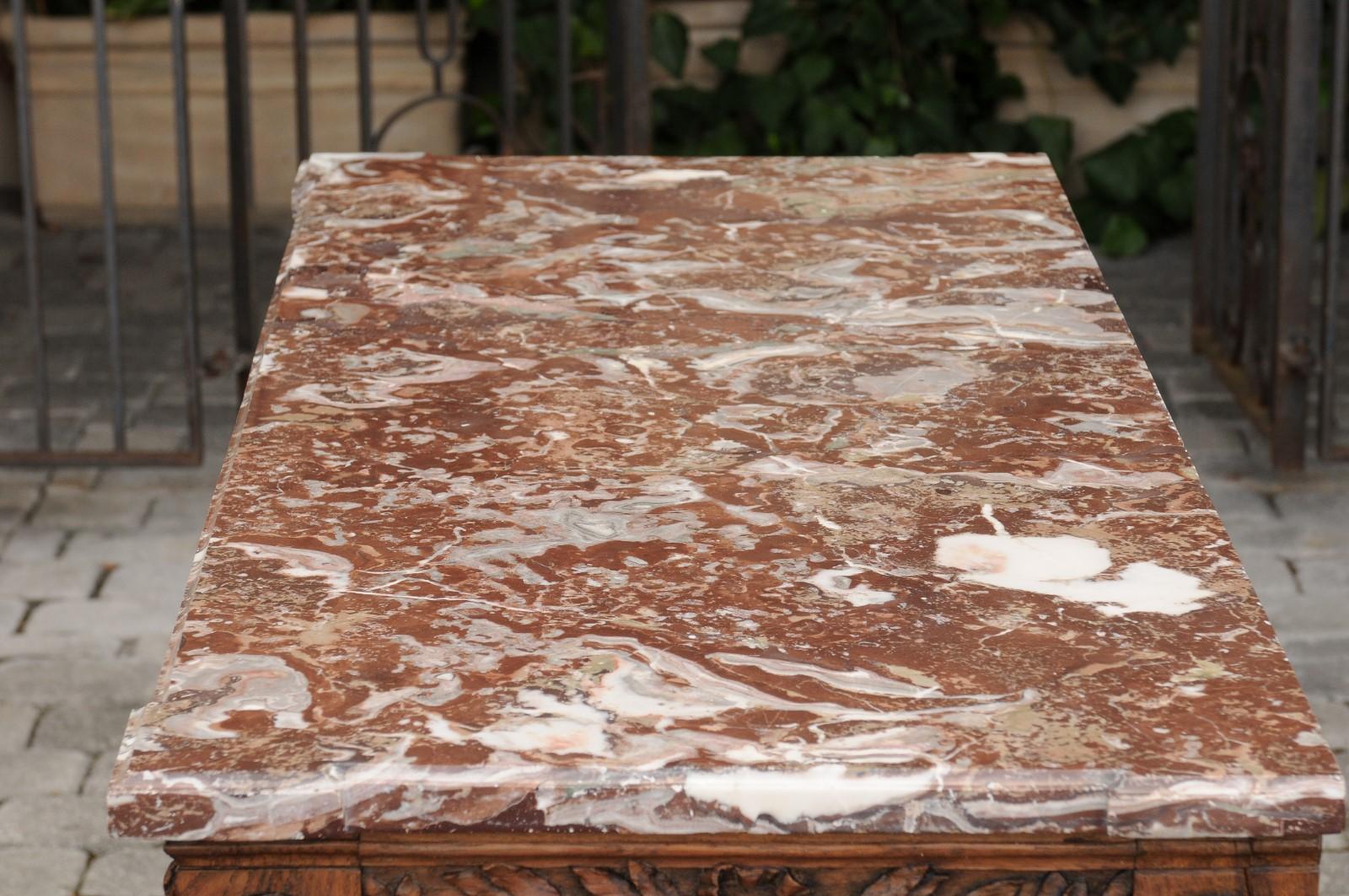 French Louis XVI Style Oak Console Table with Red Marble Top and Carved Foliage 4