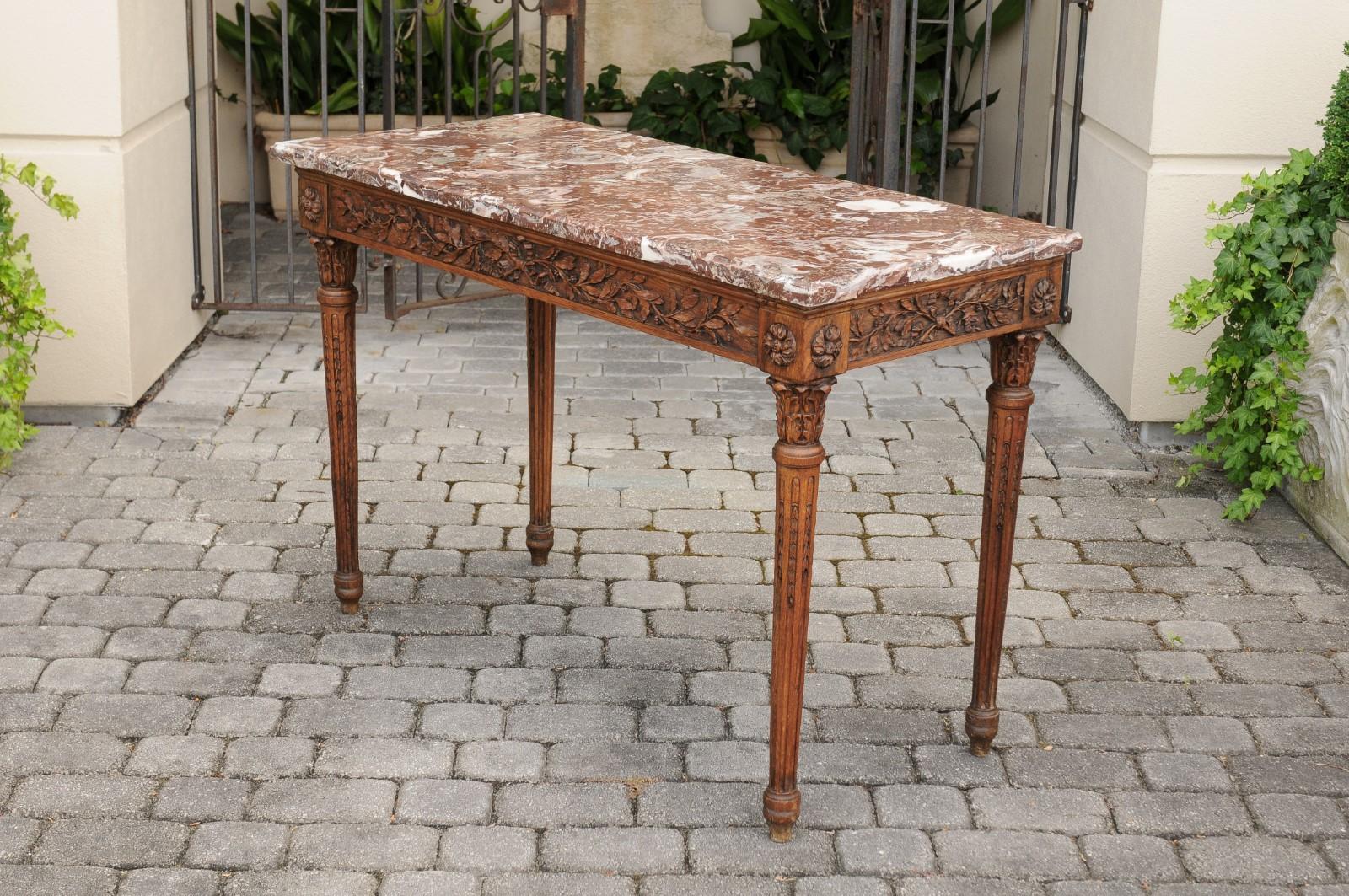 French Louis XVI Style Oak Console Table with Red Marble Top and Carved Foliage 5