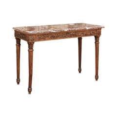 French Louis XVI Style Oak Console Table with Red Marble Top and Carved Foliage