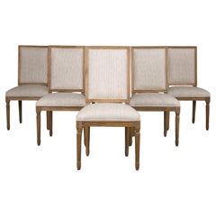 French Louis XVI Style Oak Dining Chairs W/ Striped Beige Chenille - Set of 6