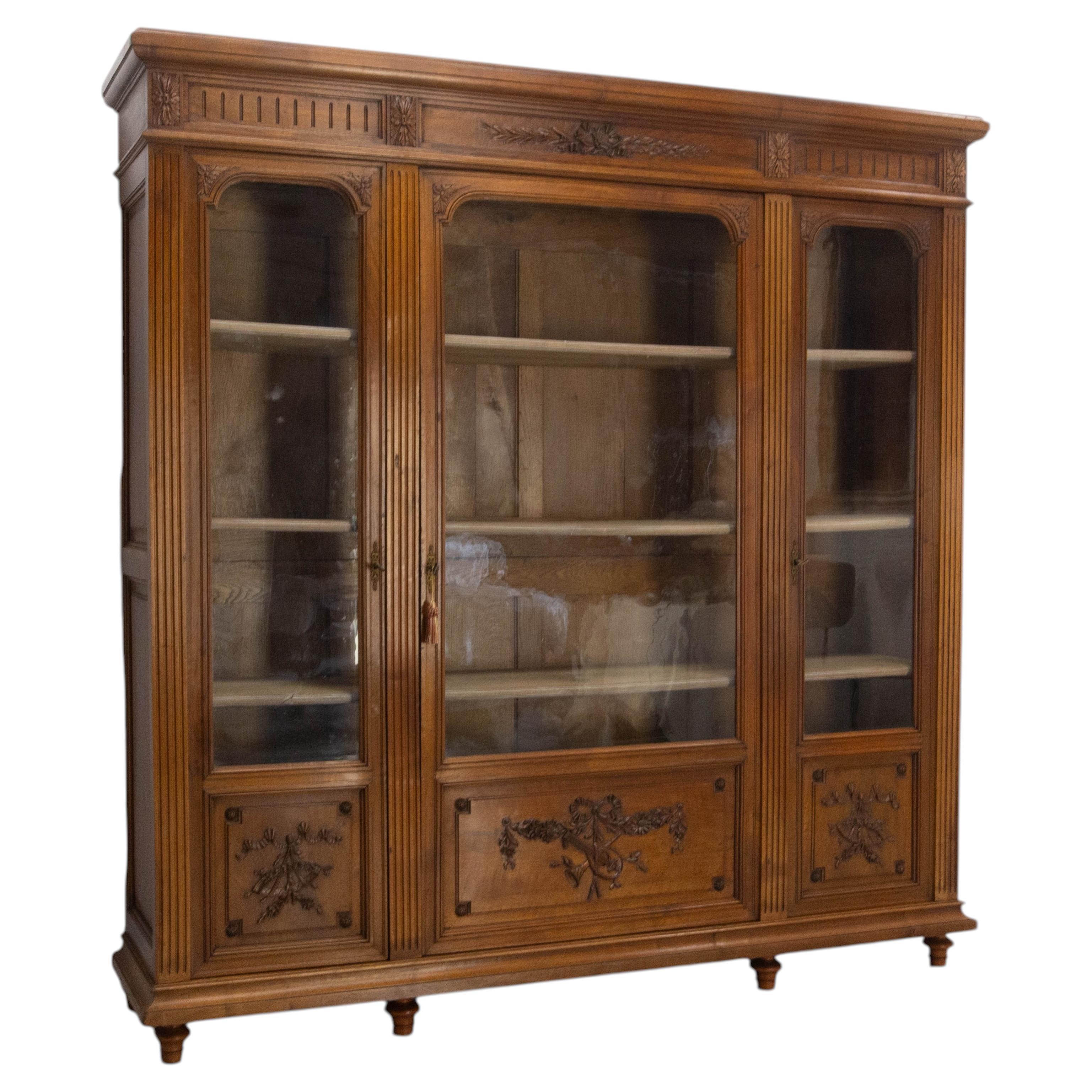 French Louis XVI Style Oak & Walnut Three Doors Vitrine Bookcase circa 1900