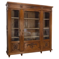 French Louis XVI Style Oak & Walnut Three Doors Vitrine Bookcase circa 1900