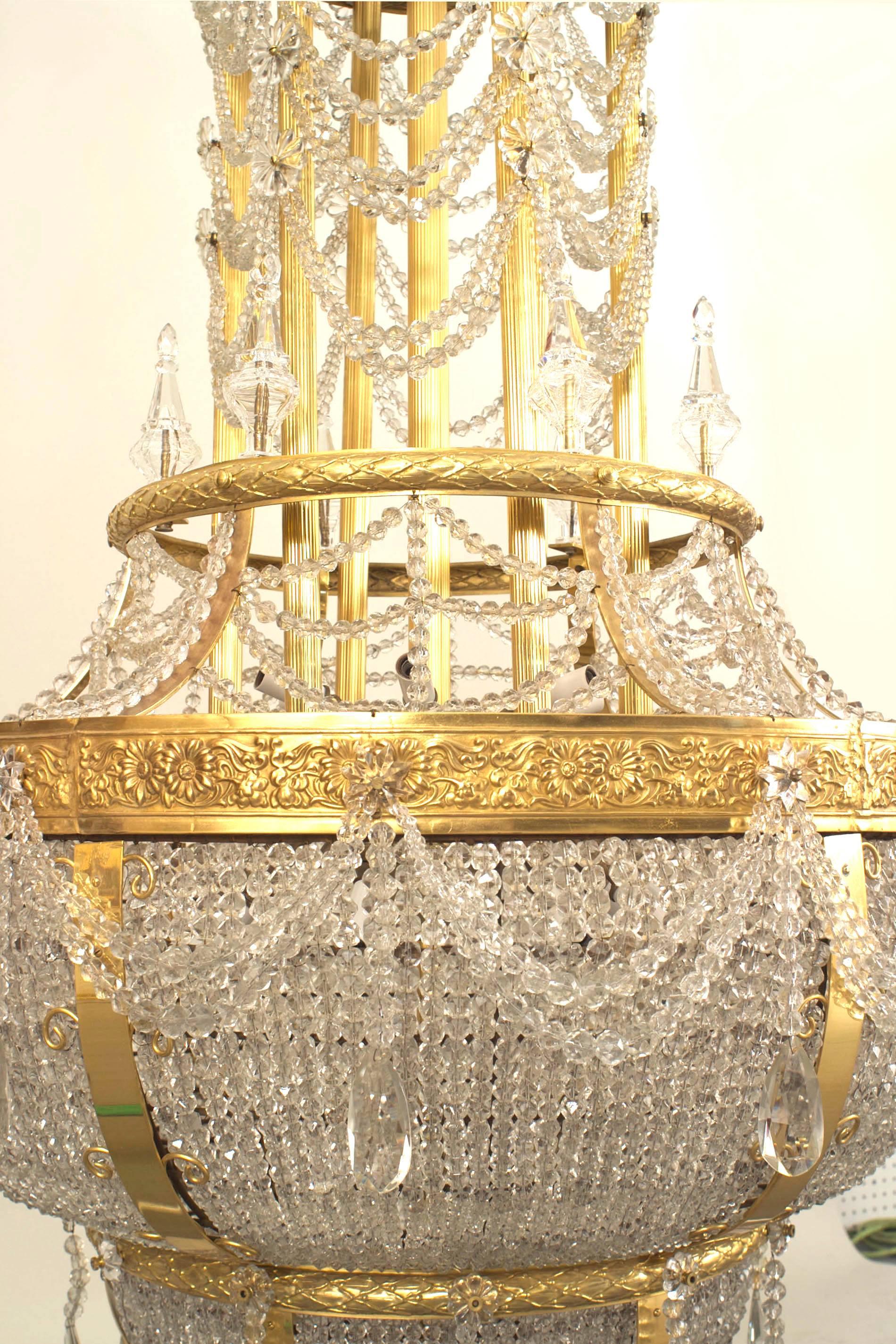 French Louis XVI Style Ormolu and Beaded Crystal Large Chandelier In Good Condition In New York, NY