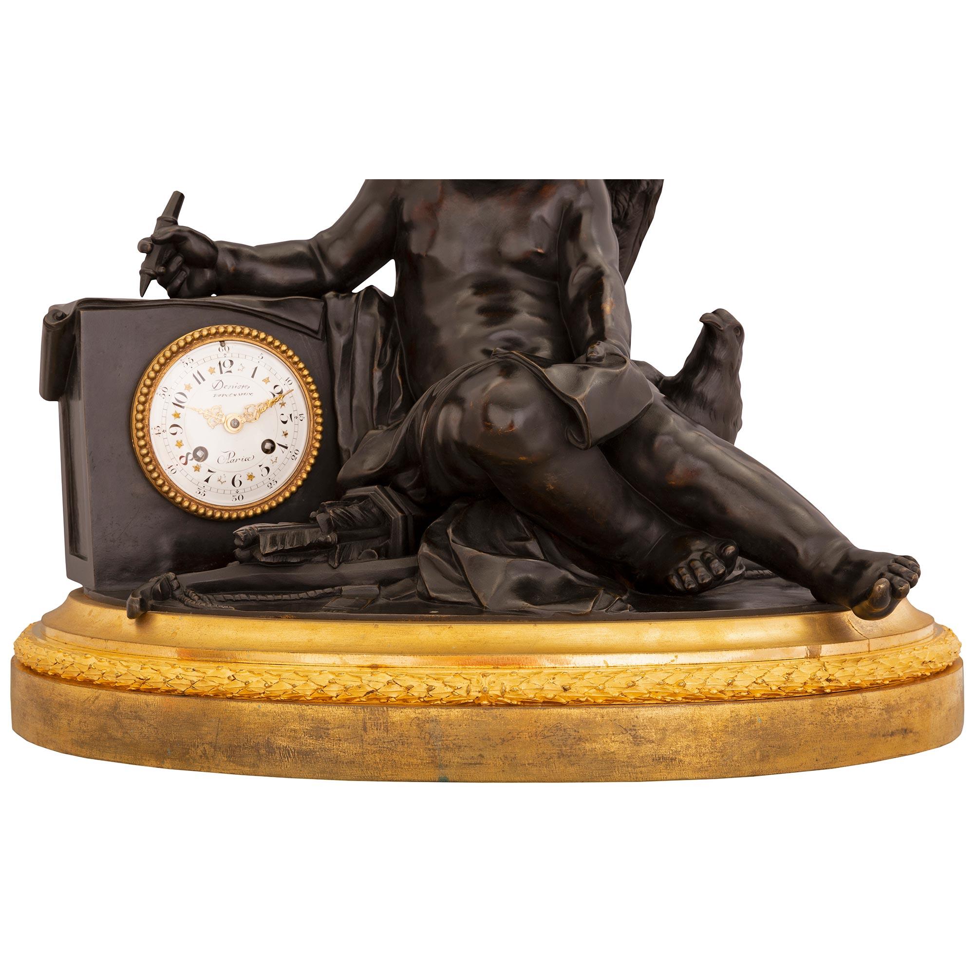 Uhr aus Goldbronze und patinierter Bronze im Louis-XVI-Stil, signiert von Deniere im Zustand „Gut“ im Angebot in West Palm Beach, FL