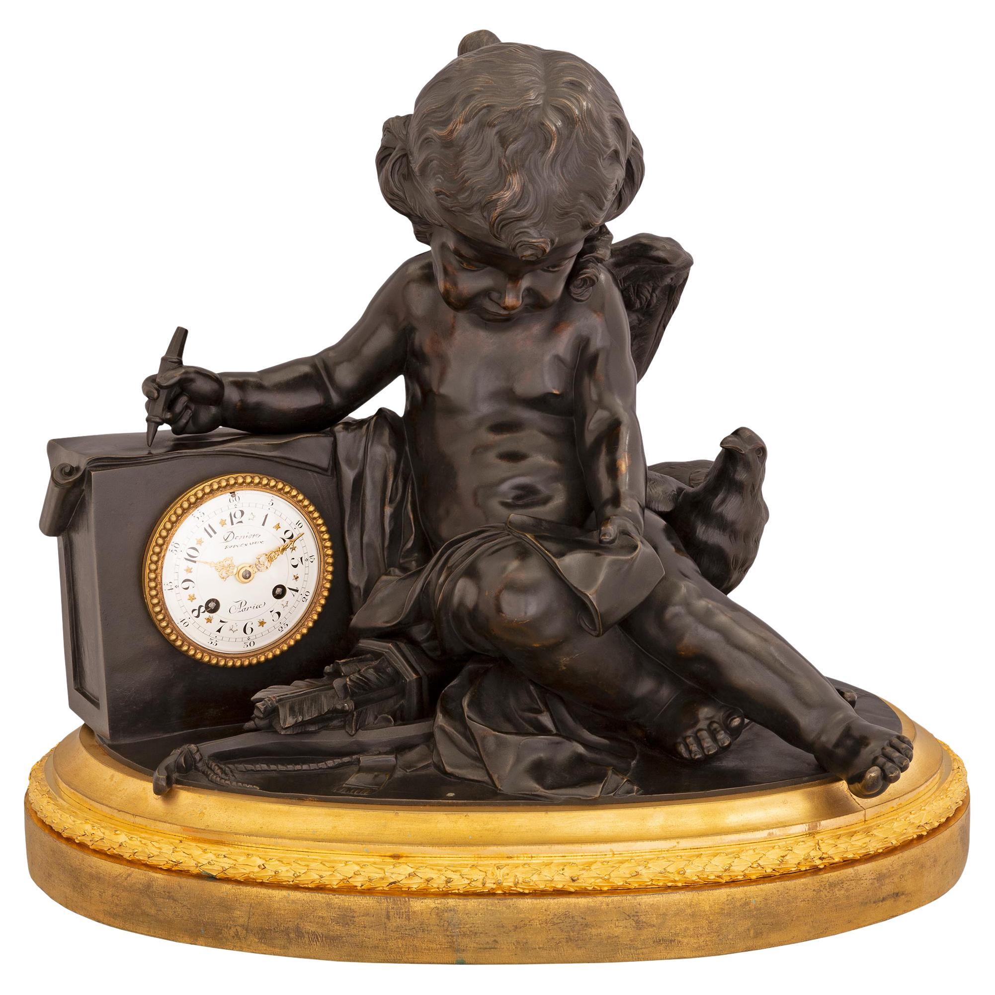 French Louis XVI Style Ormolu and Patinated Bronze Clock, Signed by Deniere