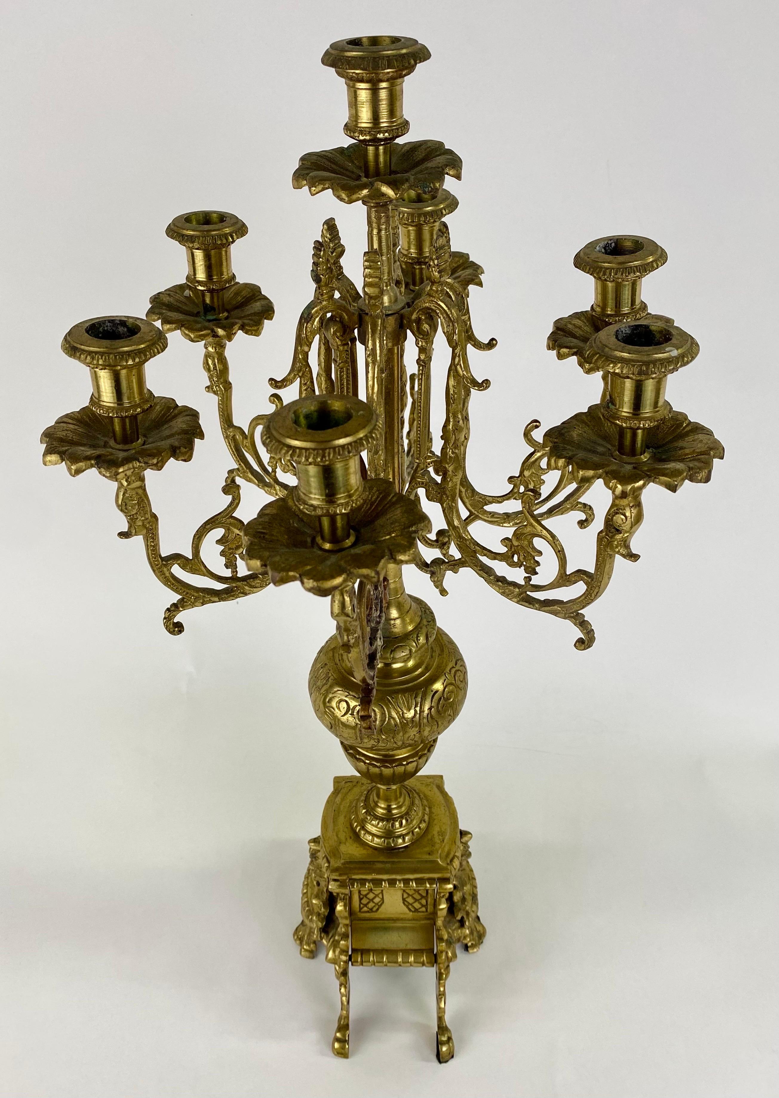 French Louis XVI Style Ormolu Bronze 7 Arms Candelabra, a Pair  In Good Condition For Sale In Plainview, NY