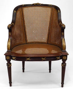 Bergere francese a canne di mogano in stile Louis Cane, ornato di ormolu