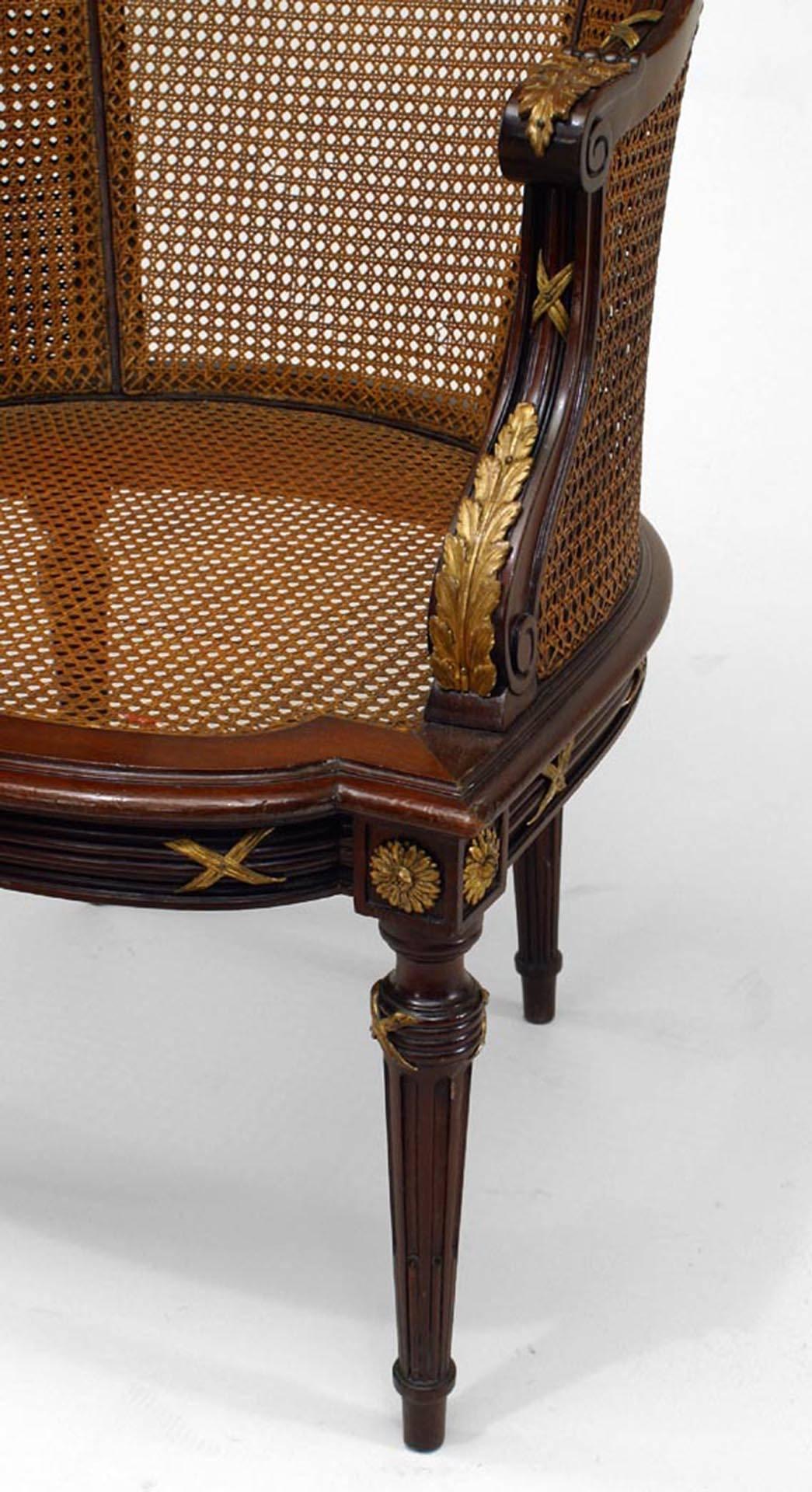 19th Century French Louis XVI Style Ormolu-Mounted Mahogany Caned Bergere For Sale