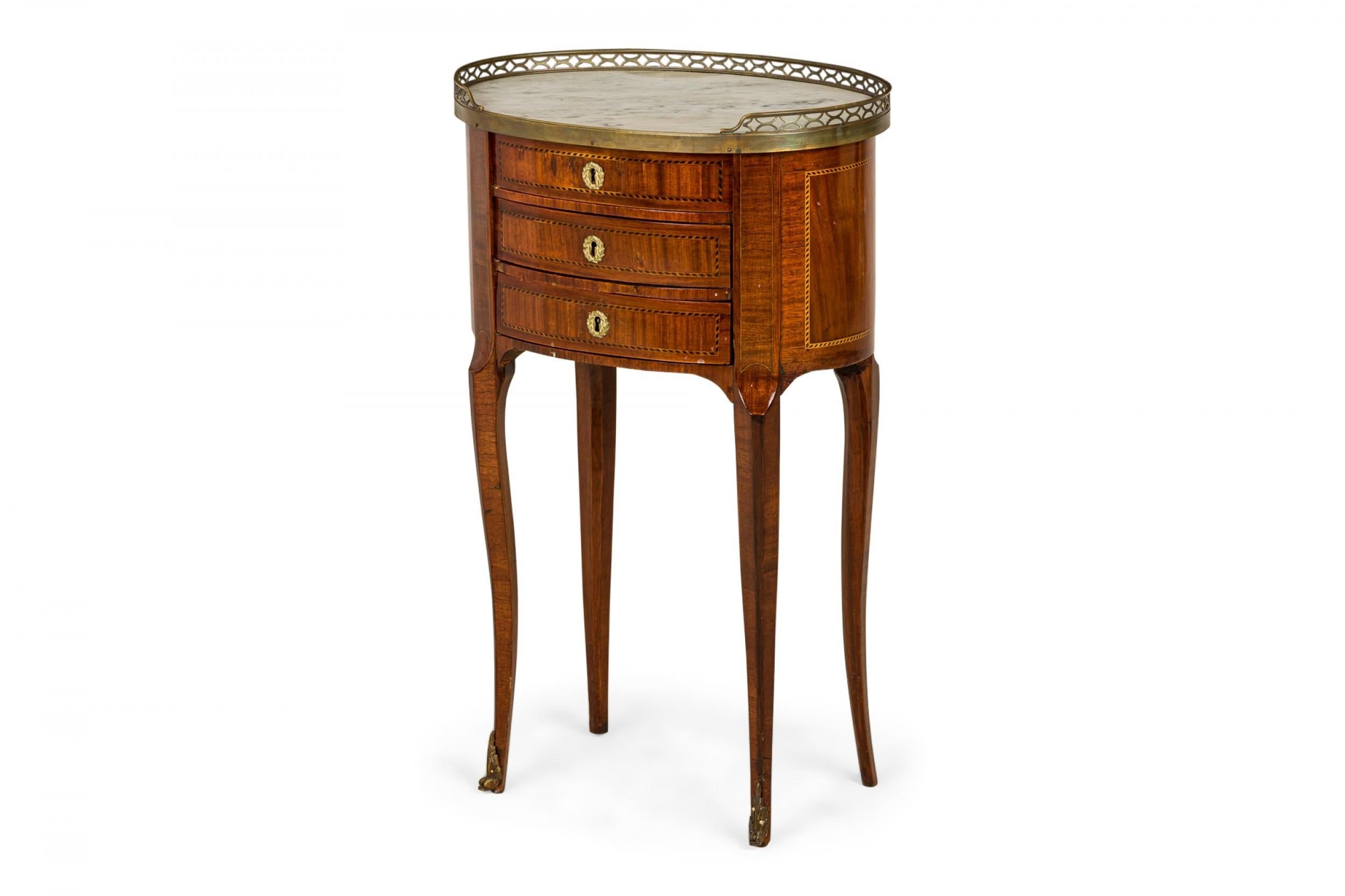 French Louis XVI Style Oval 3-Drawer Marble Gallery Top Bedside Table 4