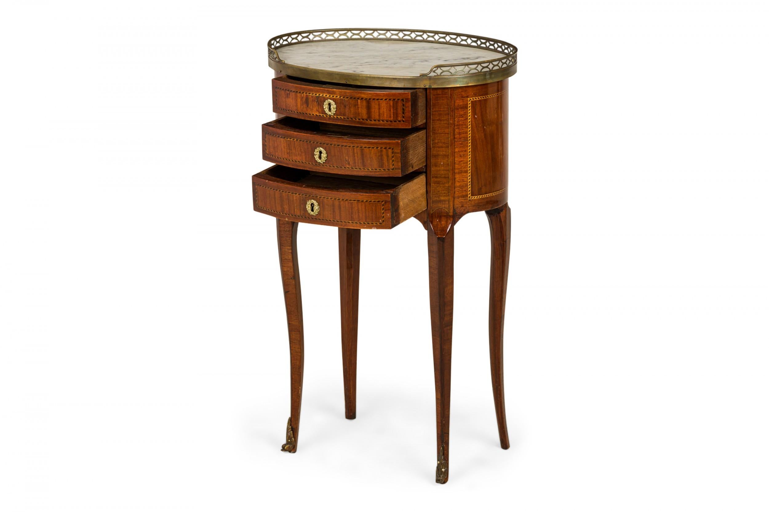 19th Century French Louis XVI Style Oval 3-Drawer Marble Gallery Top Bedside Table
