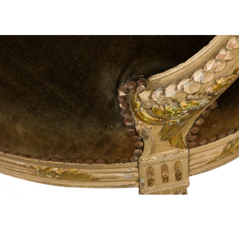 French Louis XVI Style Oval Back Carved Wood Green Velvet Upholstered Armchair For Sale 5