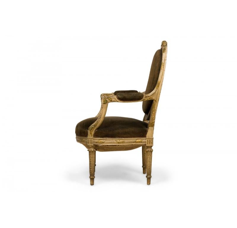Hand-Carved French Louis XVI Style Oval Back Carved Wood Green Velvet Upholstered Armchair For Sale