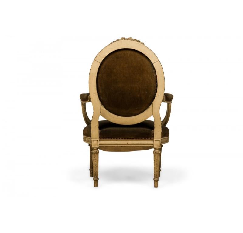 20th Century French Louis XVI Style Oval Back Carved Wood Green Velvet Upholstered Armchair For Sale