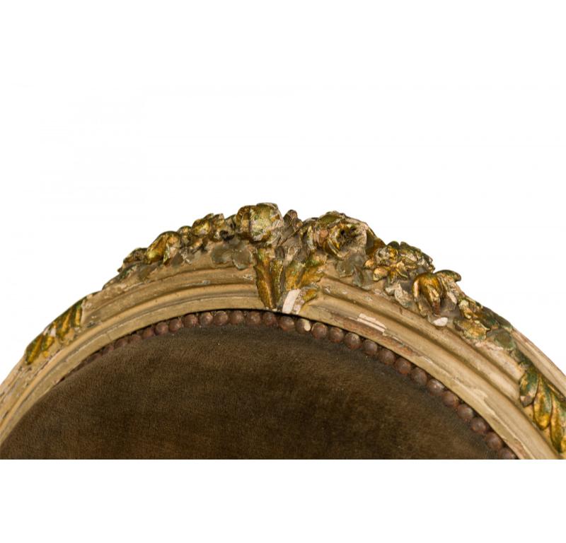 French Louis XVI Style Oval Back Carved Wood Green Velvet Upholstered Armchair For Sale 2