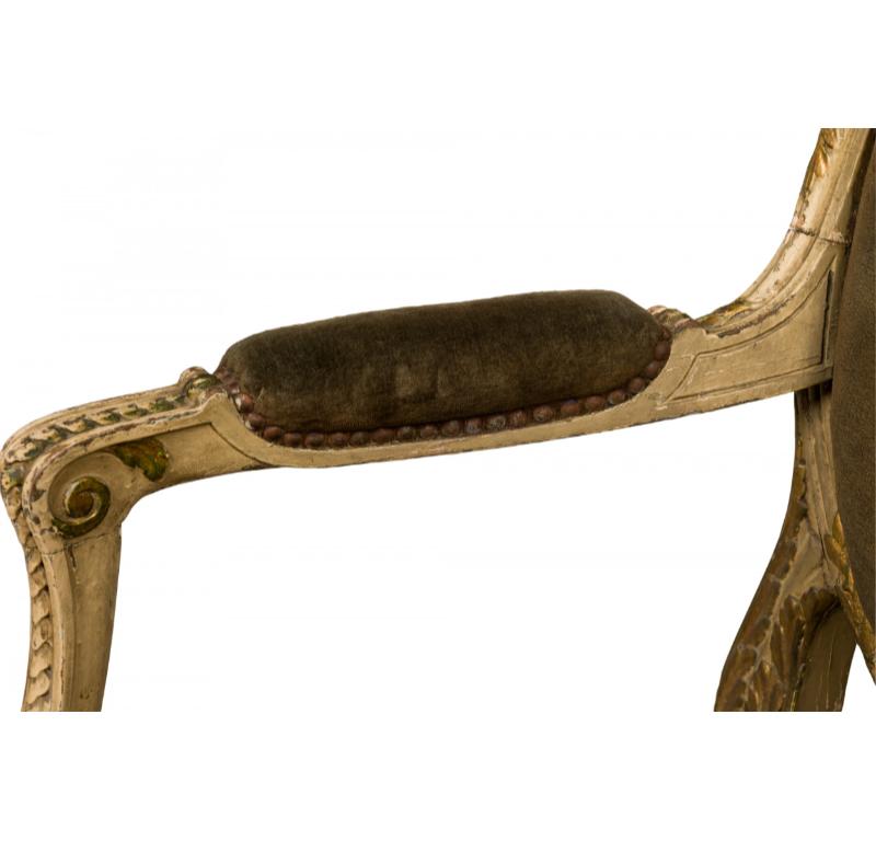 French Louis XVI Style Oval Back Carved Wood Green Velvet Upholstered Armchair For Sale 3