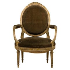 French Louis XVI Style Oval Back Carved Wood Green Velvet Upholstered Armchair