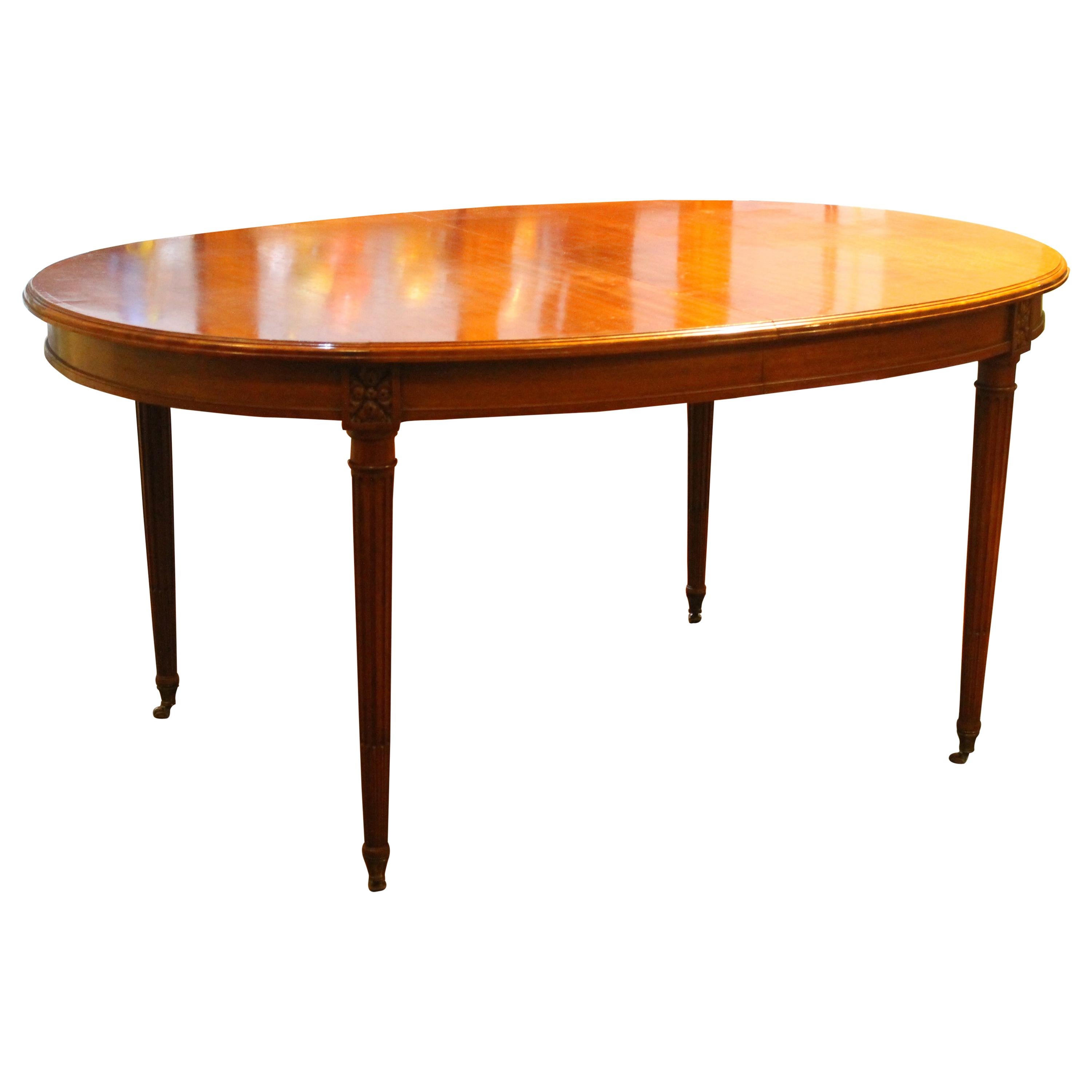French Louis XVI Style Oval Extending Dining Mahogany Table with Wheel Feet