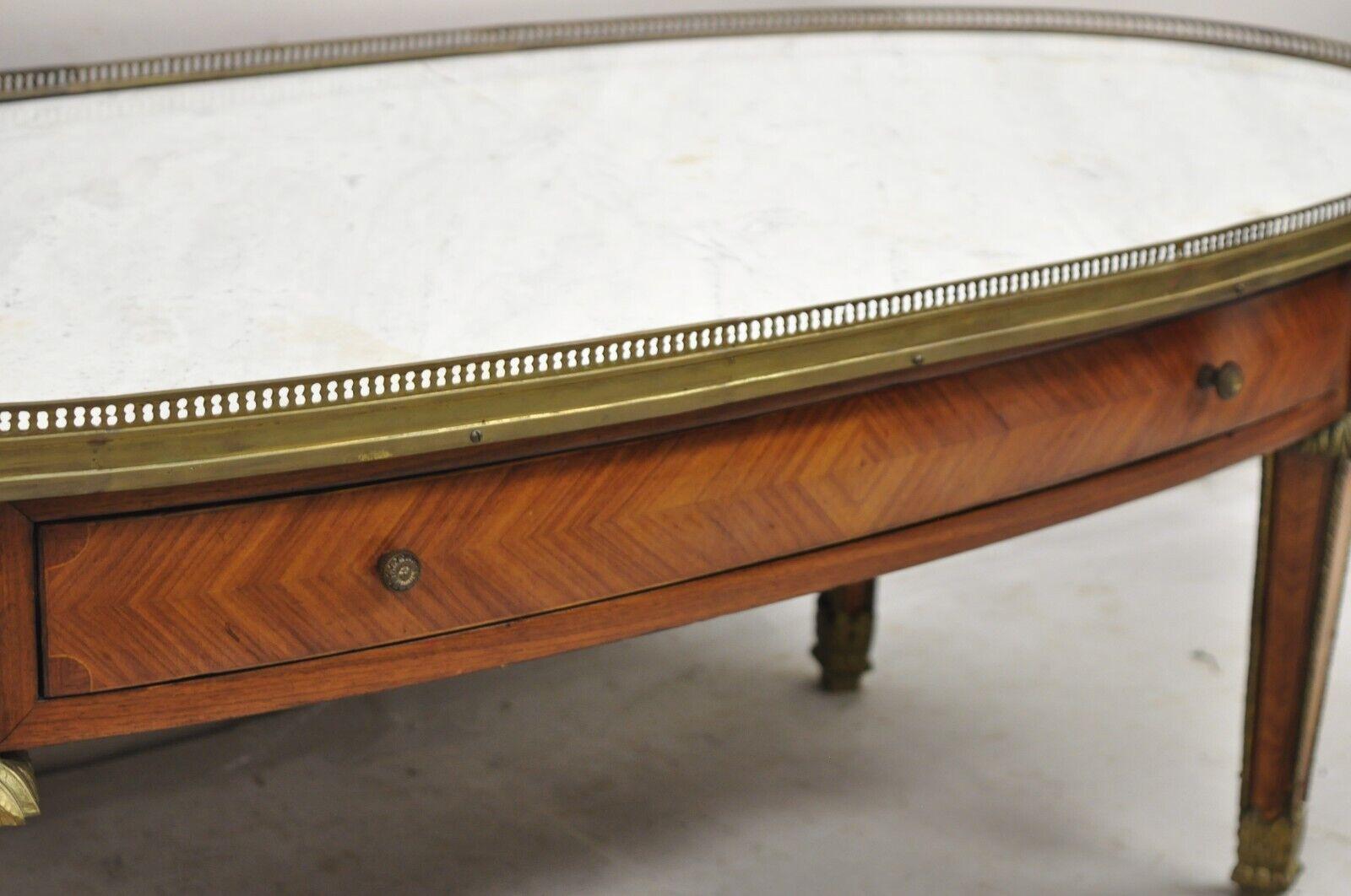 French Louis XVI Style Oval Marble Top Bronze & Satinwood Coffee Table w/ Drawer For Sale 5