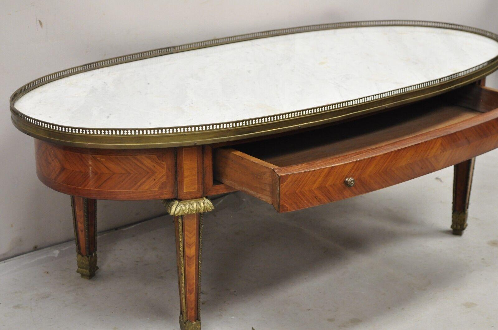 French Louis XVI Style Oval Marble Top Bronze & Satinwood Coffee Table w/ Drawer In Good Condition For Sale In Philadelphia, PA